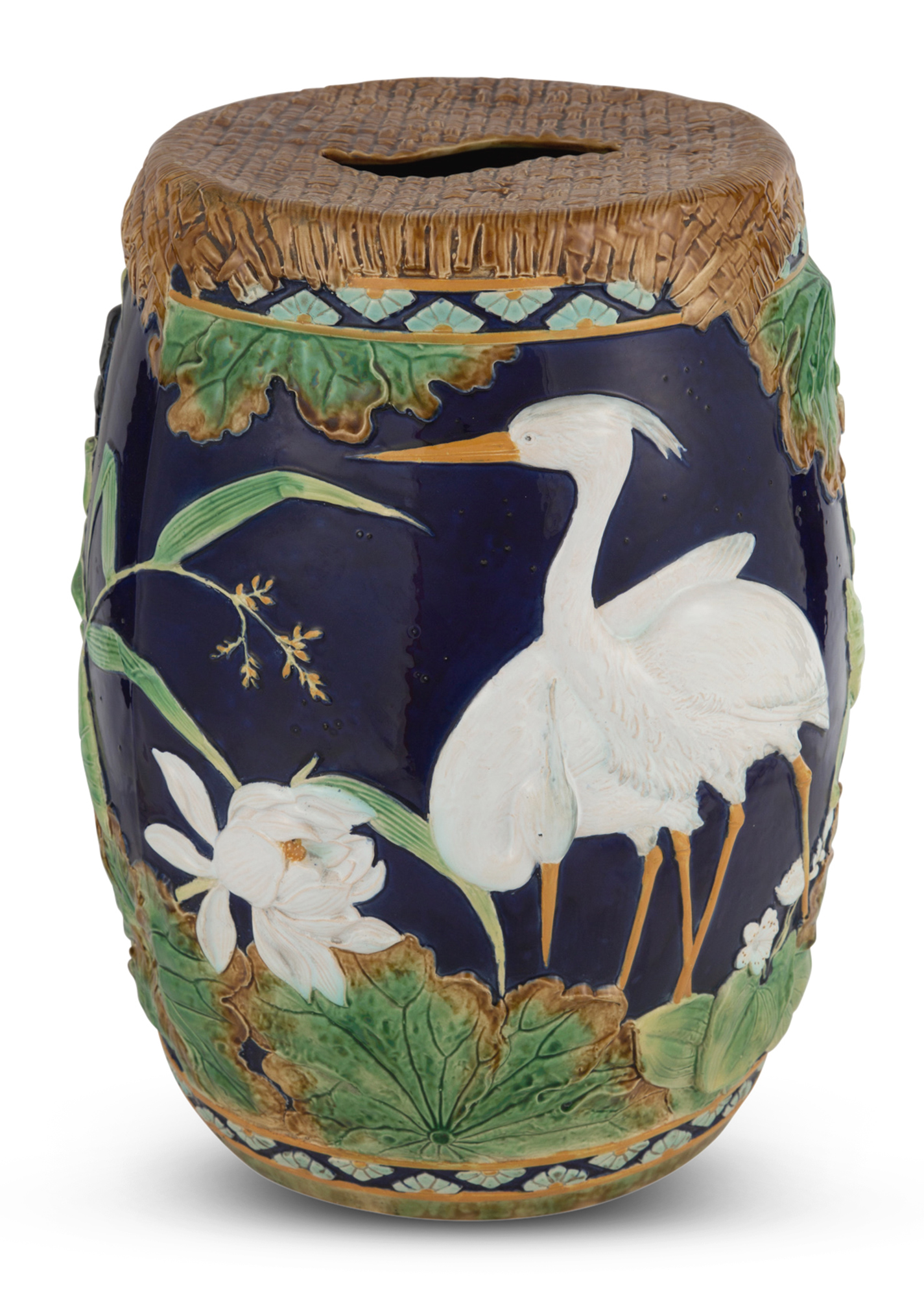 Lot image - George Jones Majolica Cobalt-Blue Ground Heron and Swallow Garden Seat