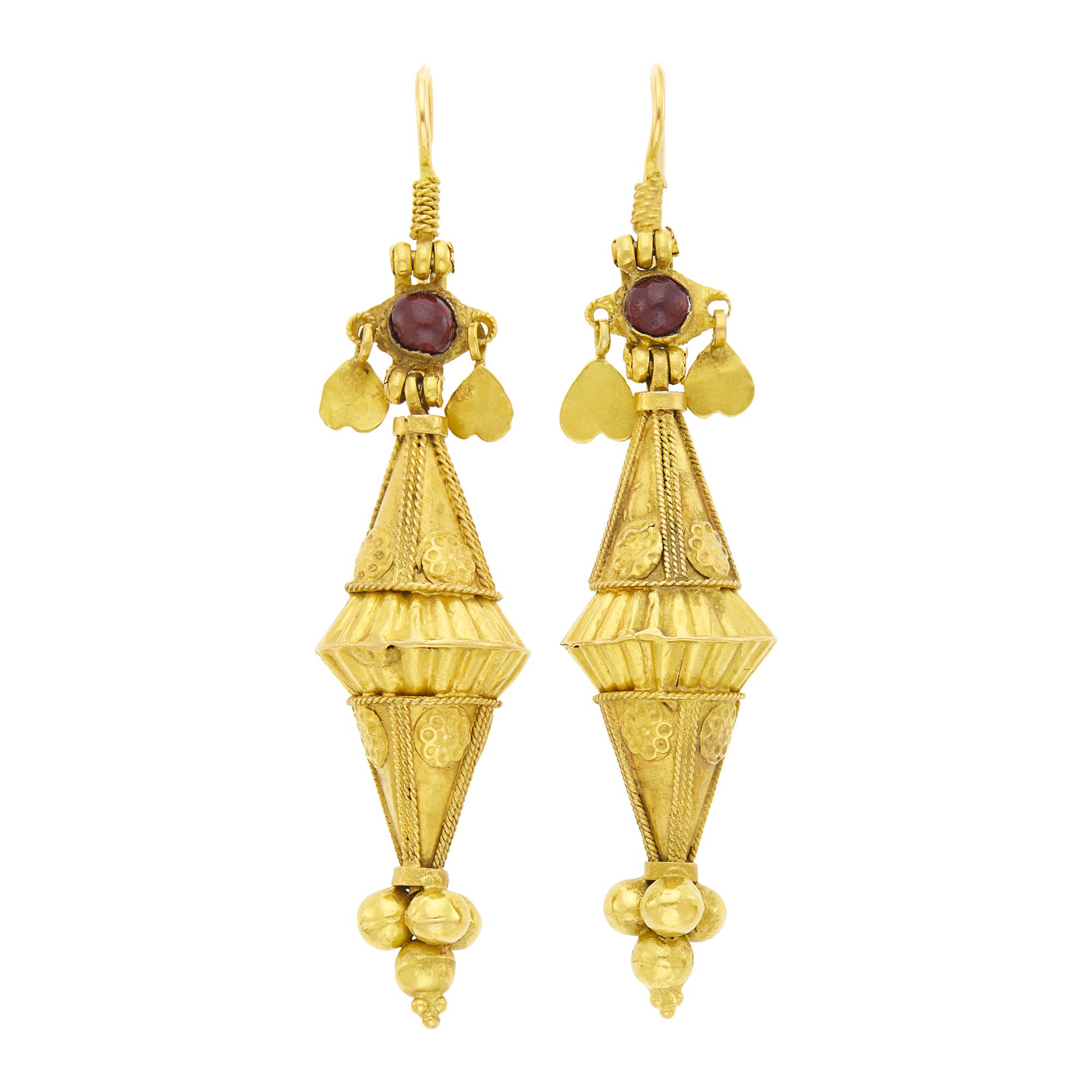 Lot image - Pair of Antique Gold and Cabochon Garnet Pendant-Earrings