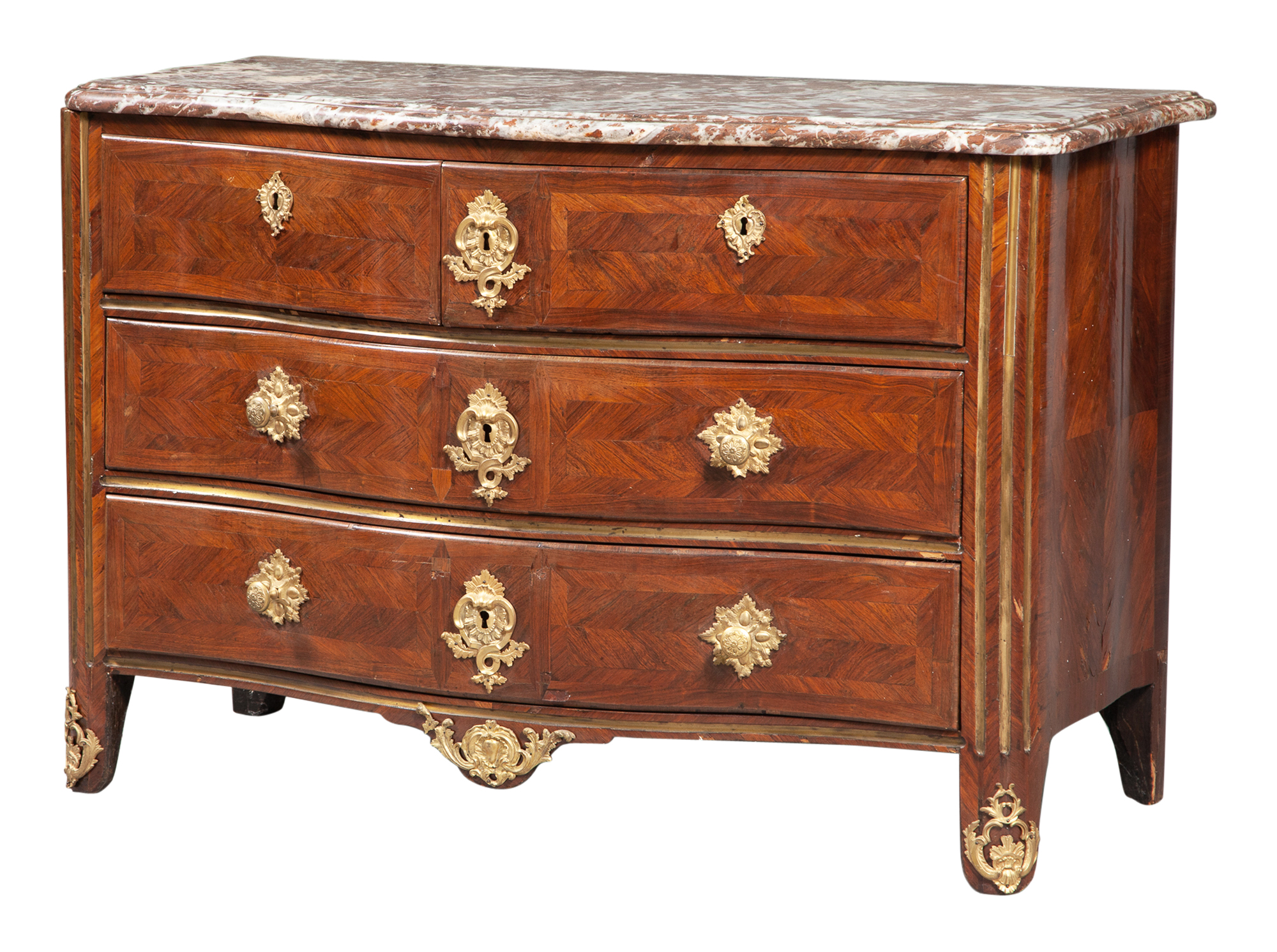 Lot image - Régence Gilt-Bronze Mounted Marble Top Kingwood Commode