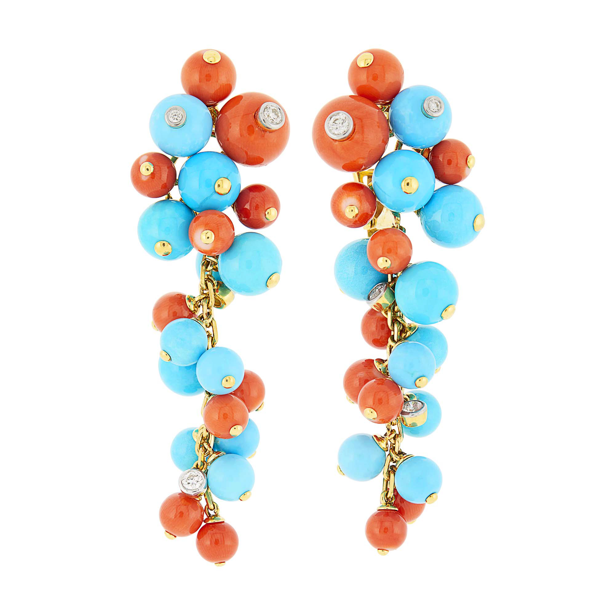 Lot image - Pair of Gold, Turquoise and Coral Bead and Diamond Pendant-Earclips