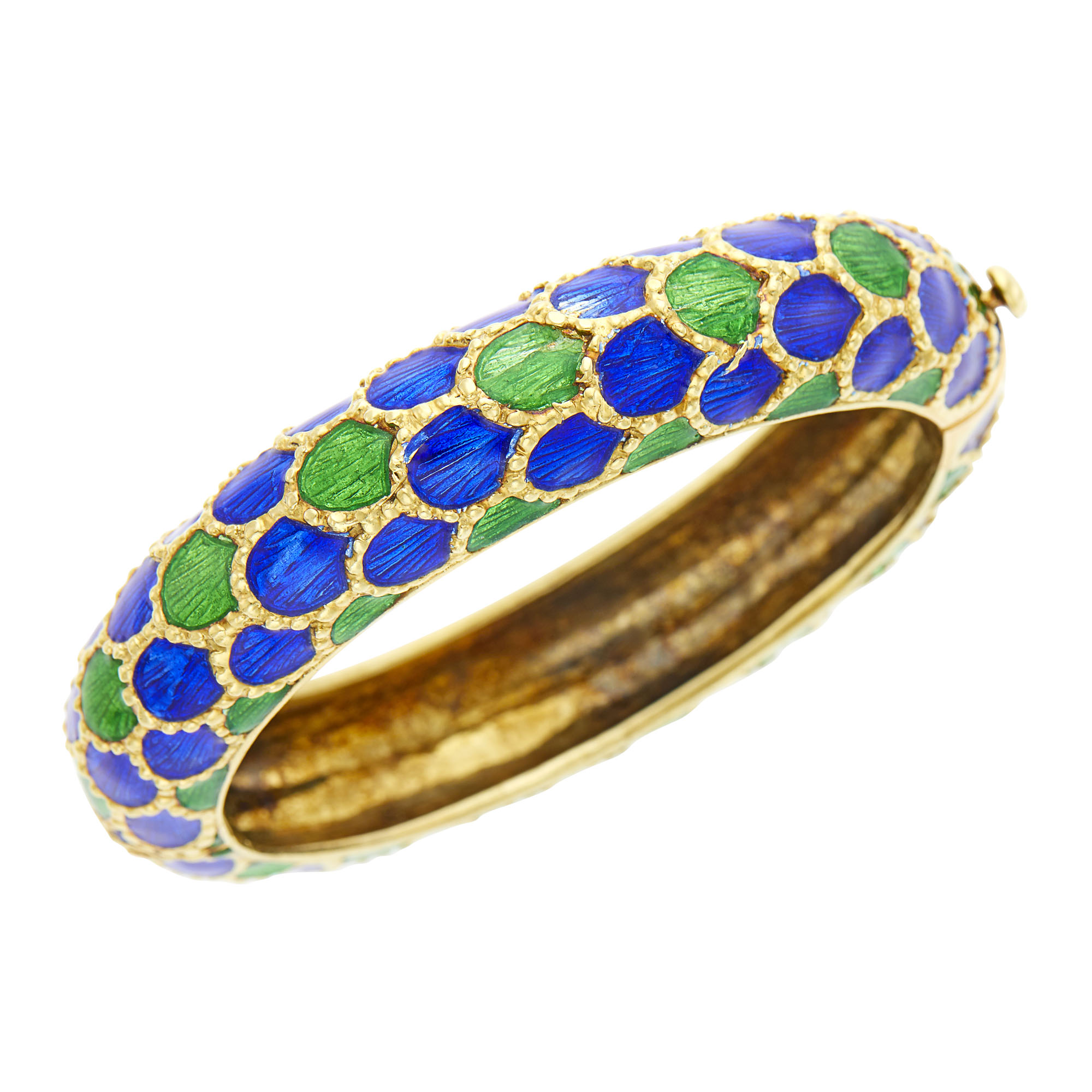 Lot image - Martine Gold and Blue and Green Enamel Bombé Bangle Bracelet