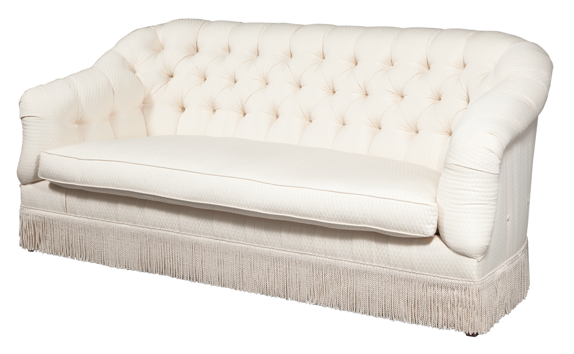 Lot image - White Fabric-Tufted and Fringed Sofa