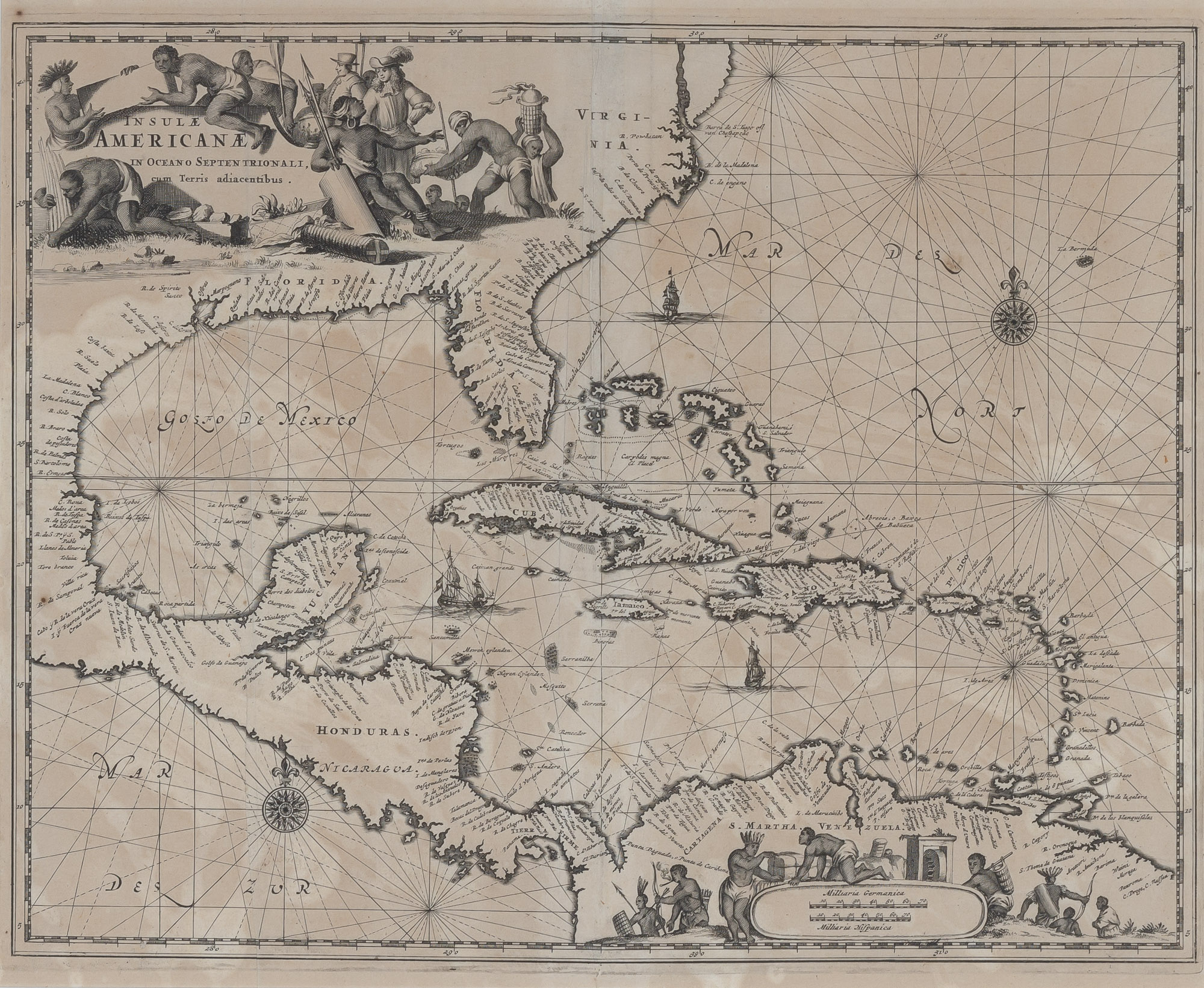 Lot image - [MAP-AMERICA]  OGILBY/MONTANUS. Insulae Americanae in Oceano Septentrionali cum terris adiacentibus.