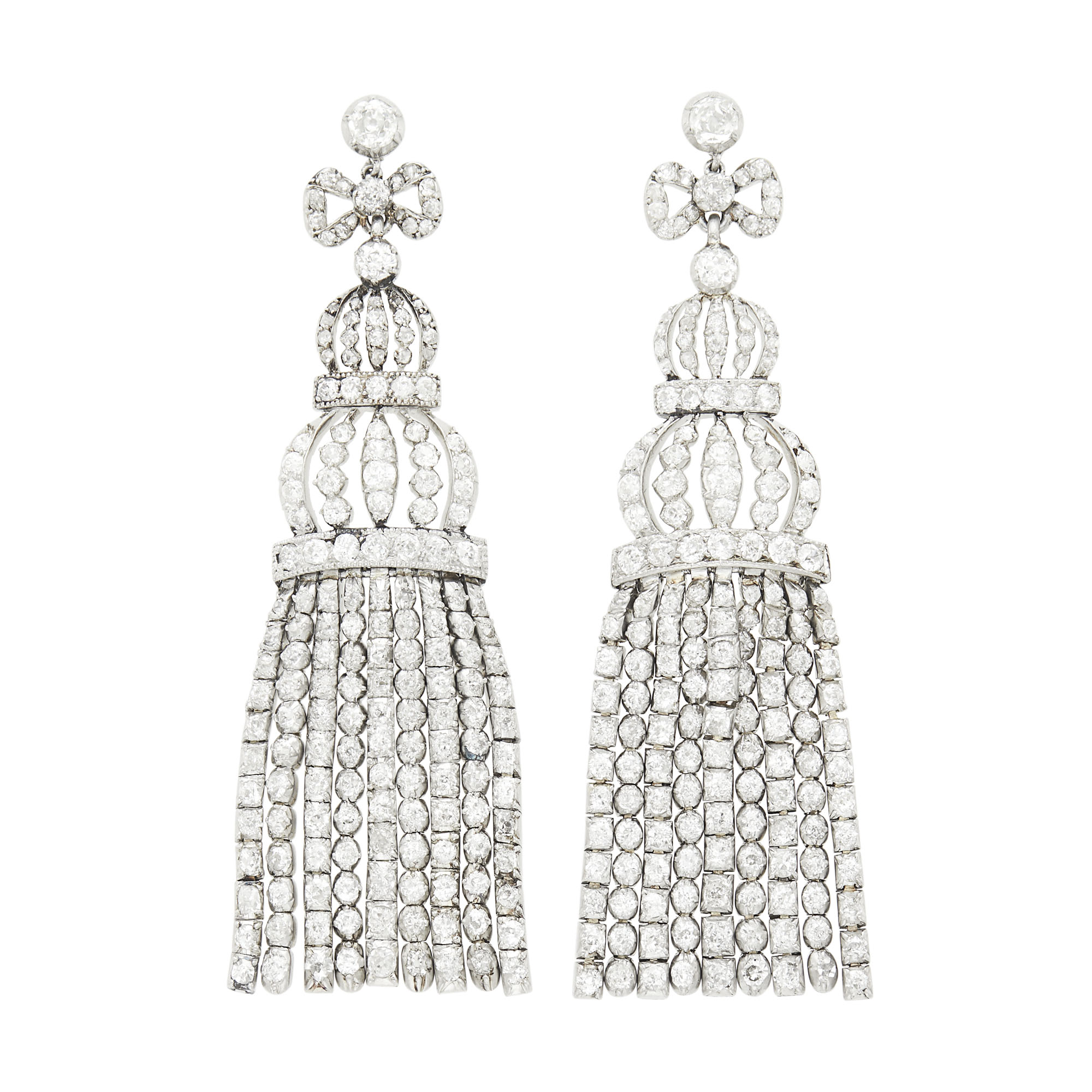 Lot image - Pair of Platinum, Gold and Diamond Fringe Pendant-Earrings