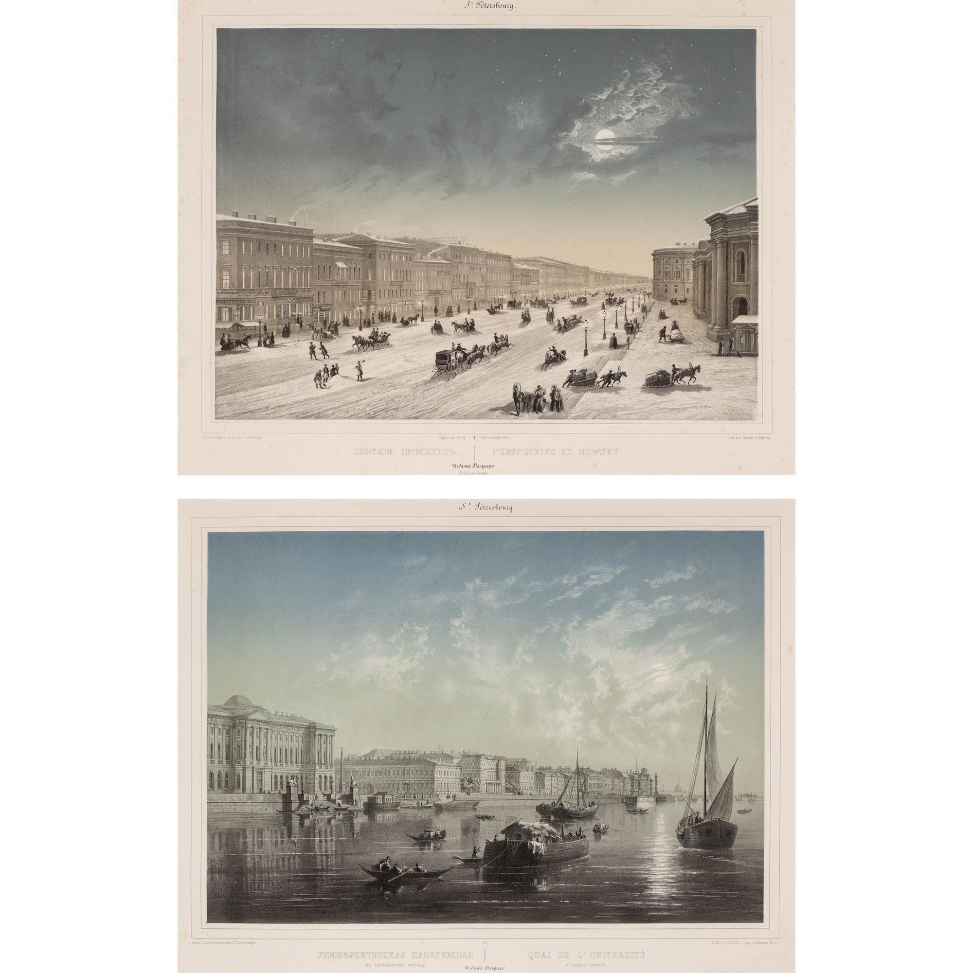 Lot image - CHARLEMAGNE, J.  Two tinted lithographic views of St. Petersburg,