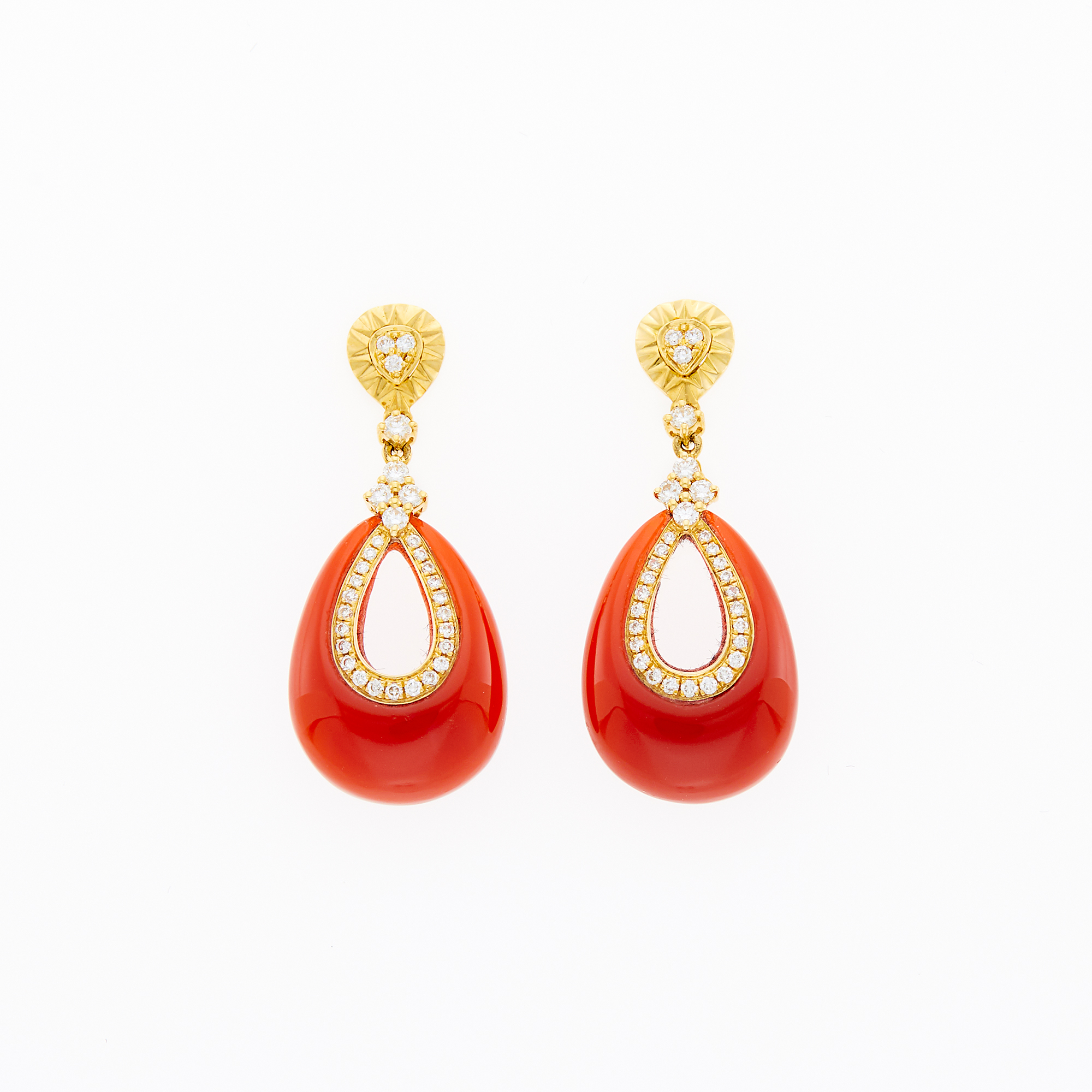 Lot image - Pair of Gold, Carnelian and Diamond Pendant-Earrings