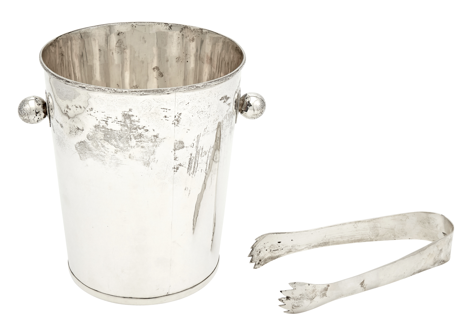 Lot image - Mexican Sterling Silver Ice Pail and Tongs