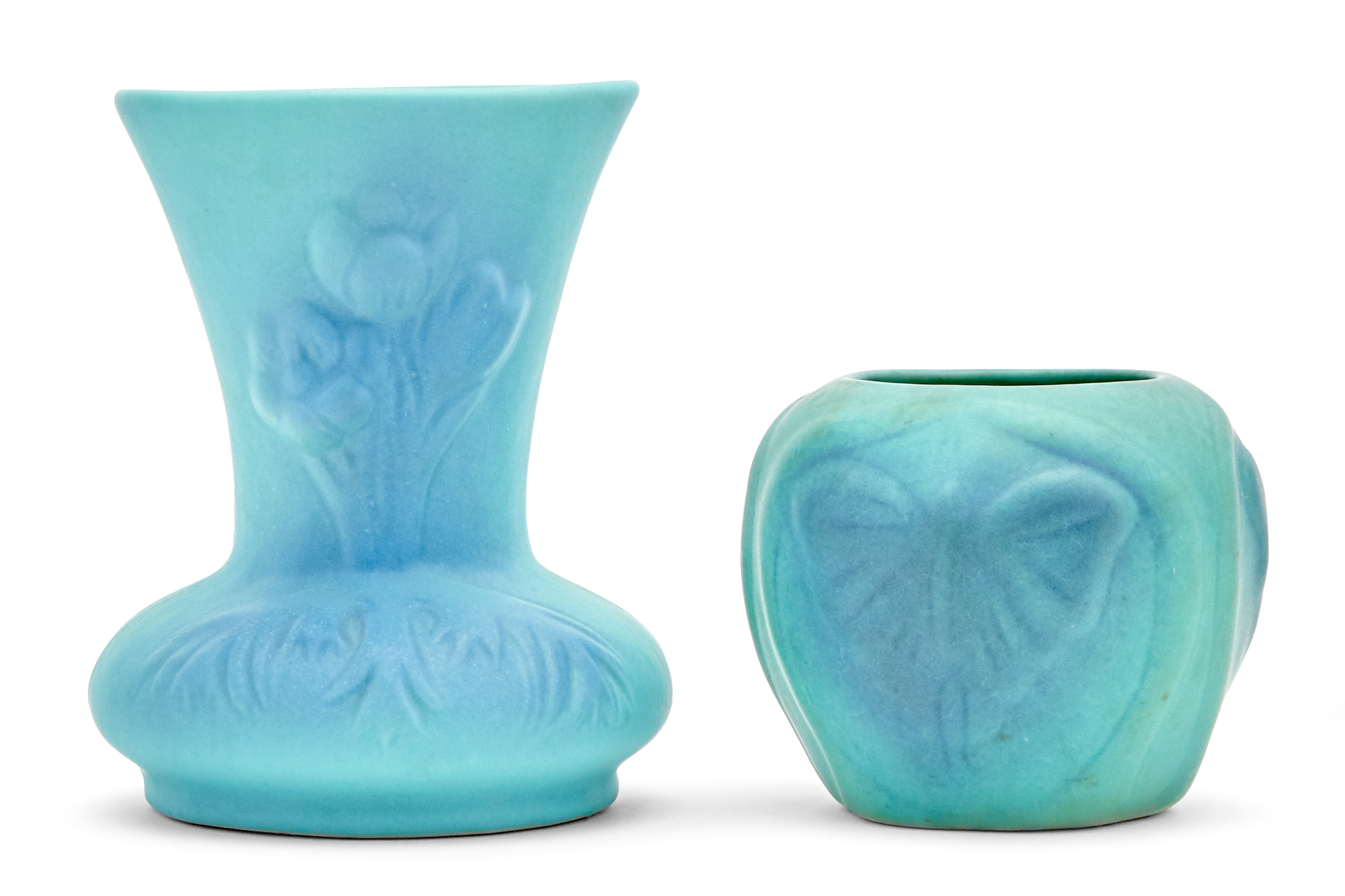 Lot image - Two Van Briggle Art Pottery Green and Turquoise Glazed Vases