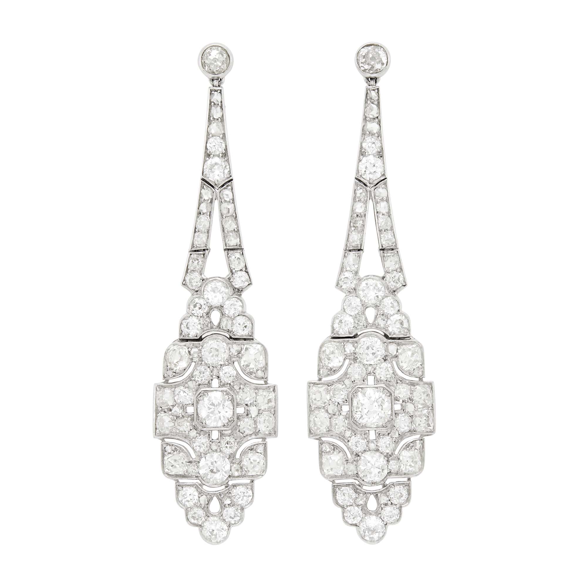 Lot image - Pair of Platinum and Diamond Pendant-Earrings