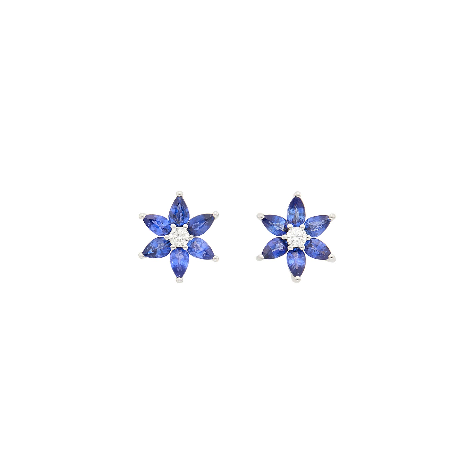 Lot image - Pair of Platinum, Sapphire and Diamond Flower Earrings
