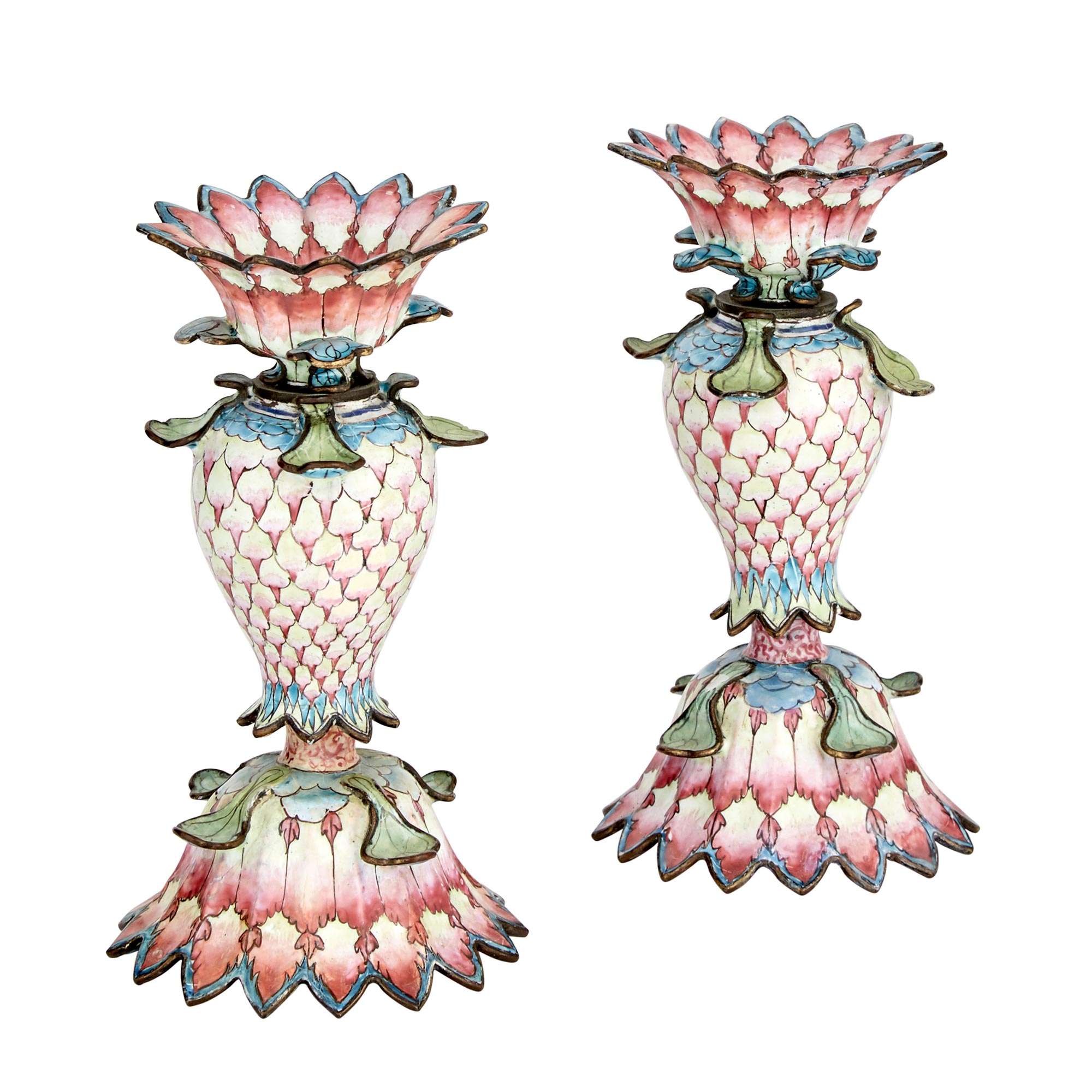 Lot image - Two Similar Chinese Canton Enameled Metal Candlesticks