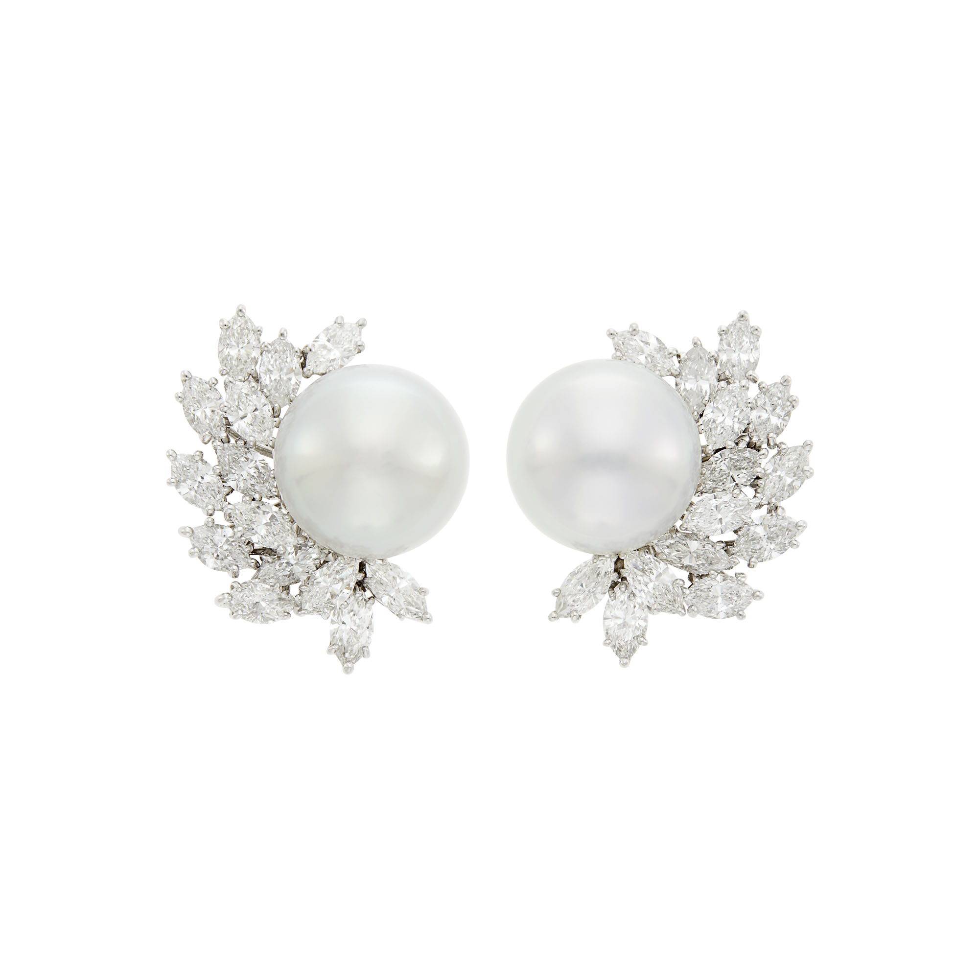 Lot image - Pair of Platinum, South Sea Cultured Pearl and Diamond Earclips with Interchangeable Tahitian Gray Cultured Pearls