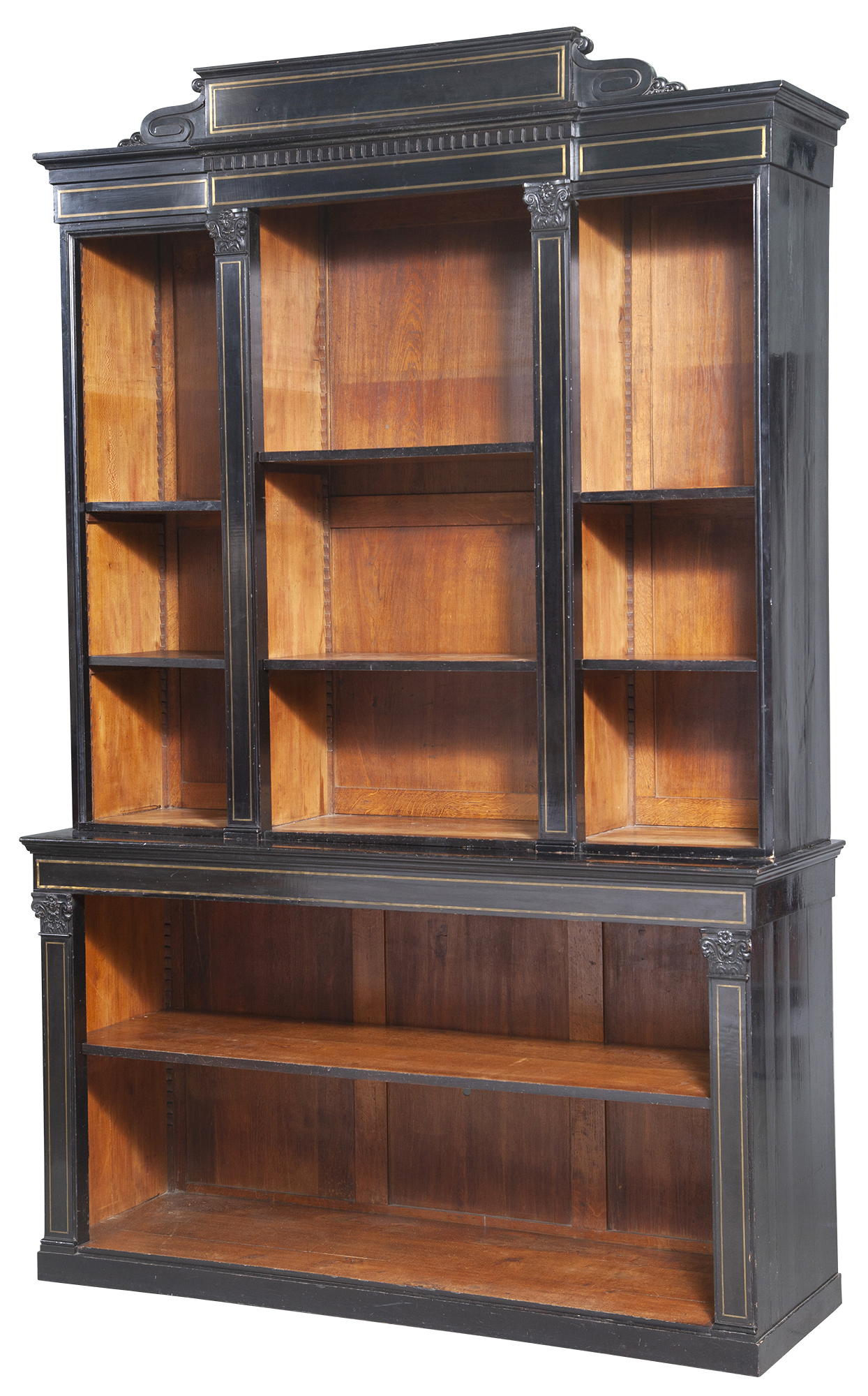 Lot image - Napoleon III Style Brass Inlaid Painted Oak Open Bookcase