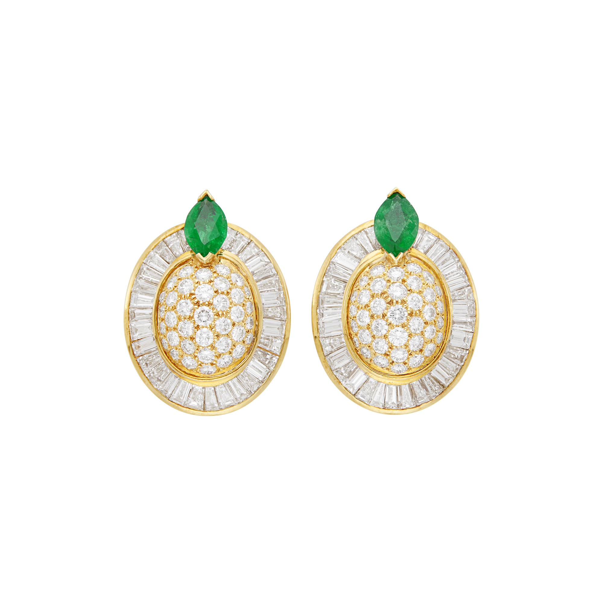 Lot image - Pair of Gold, Diamond and Emerald Earclips