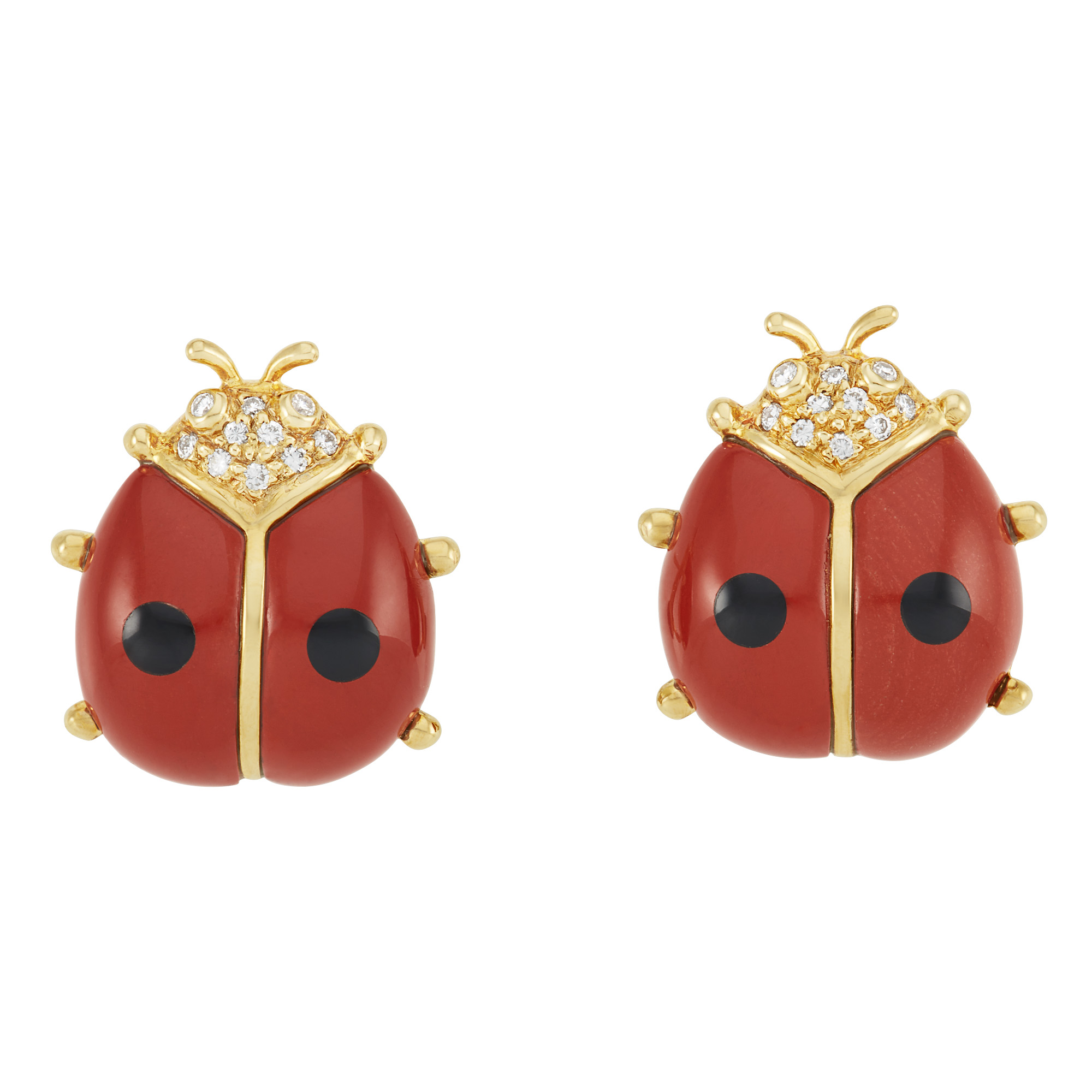 Lot image - Pair of Gold, Diamond, Jasper and Onyx Lady Bug Earrings
