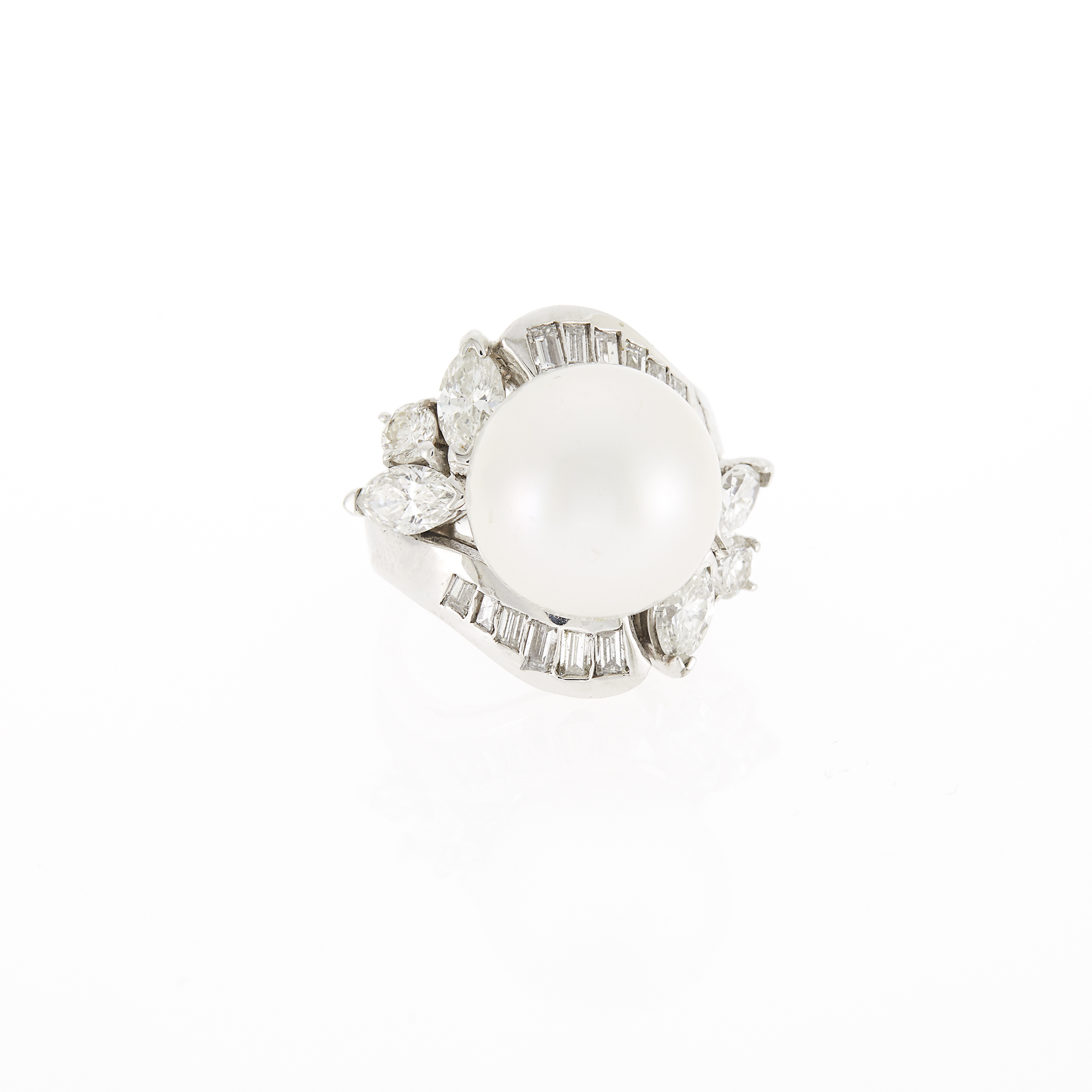 Lot image - White Gold, South Sea Cultured Pearl and Diamond Ring