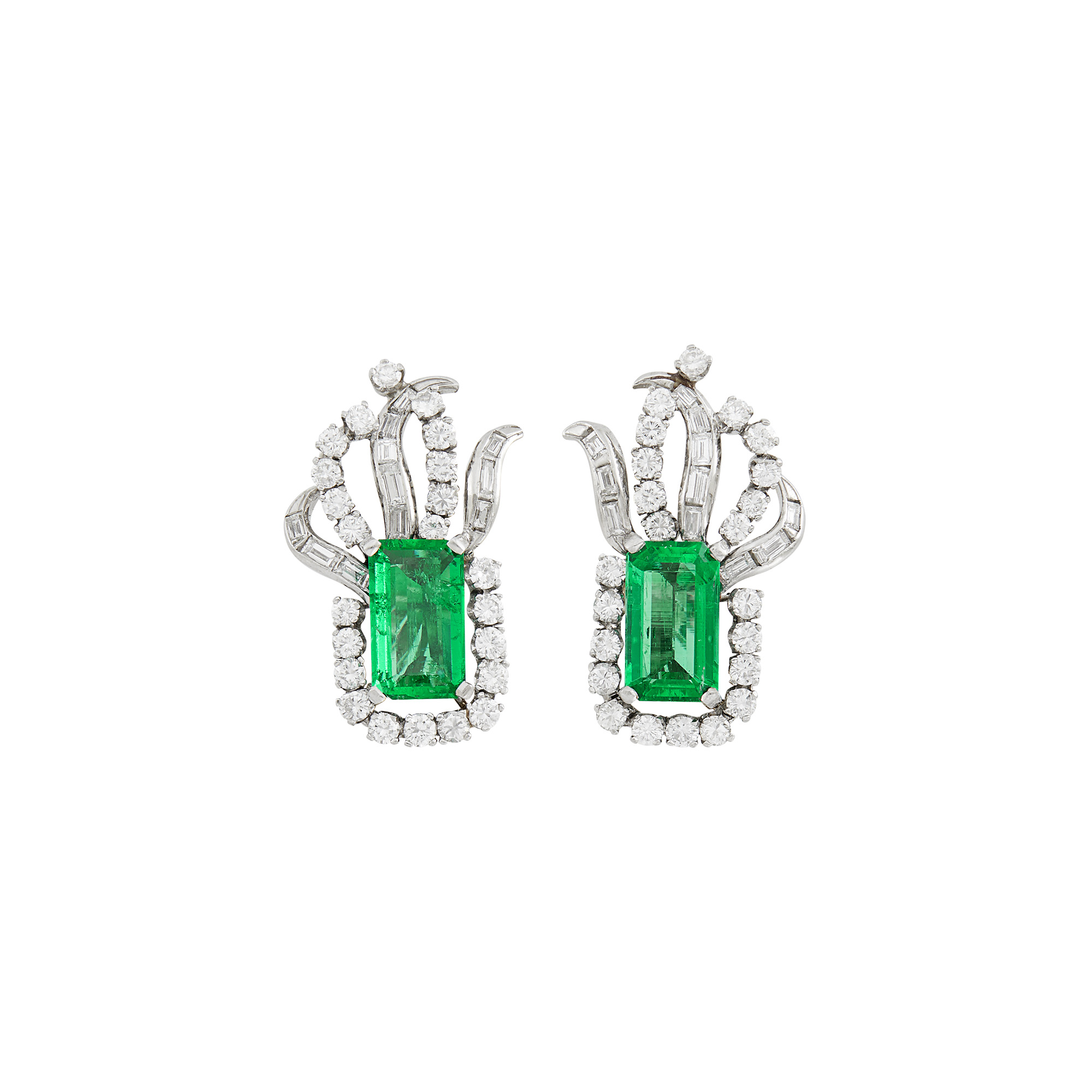 Lot image - Pair of Platinum, Emerald and Diamond Earclips
