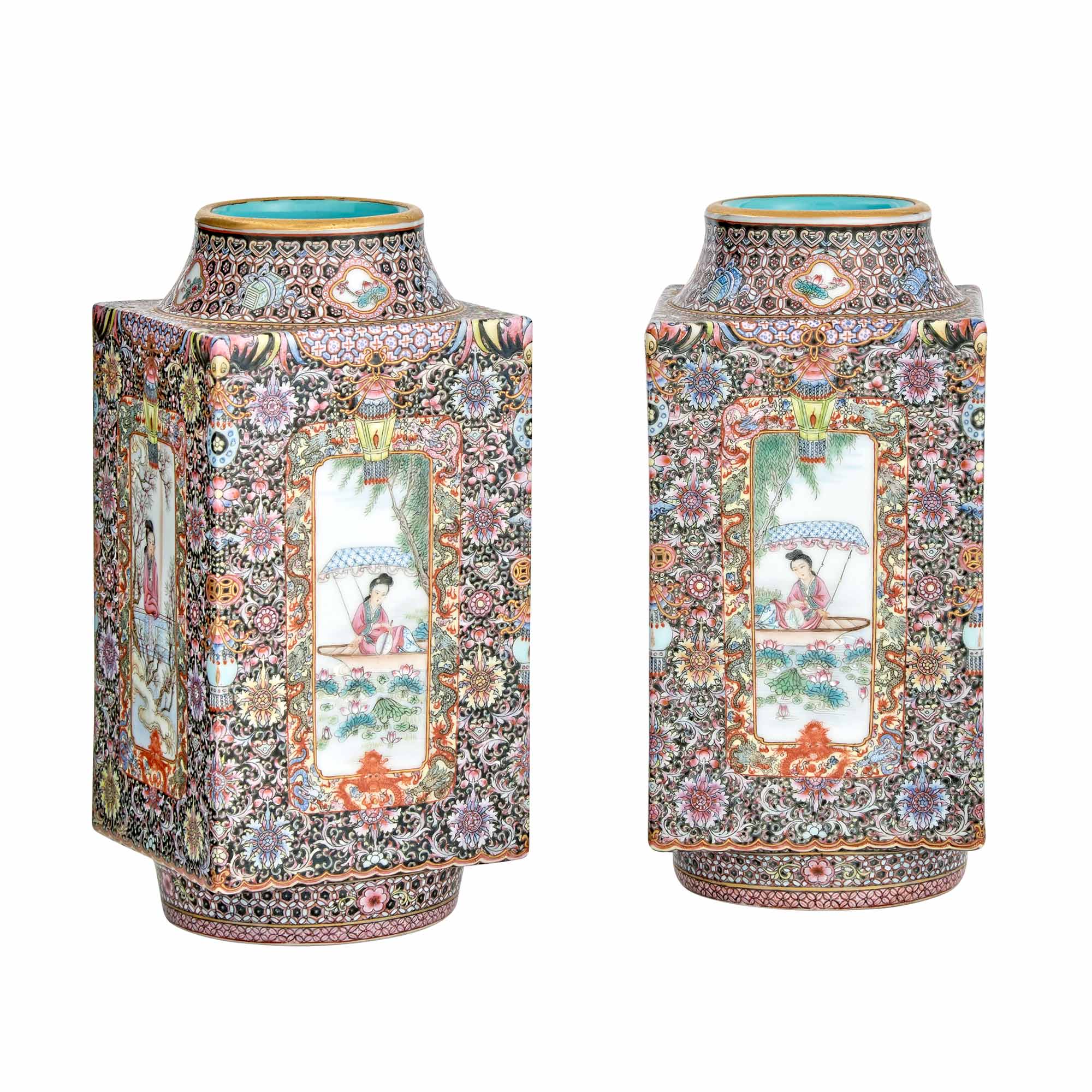 Lot image - Pair of Chinese Famille Rose Enameled Porcelain Vases