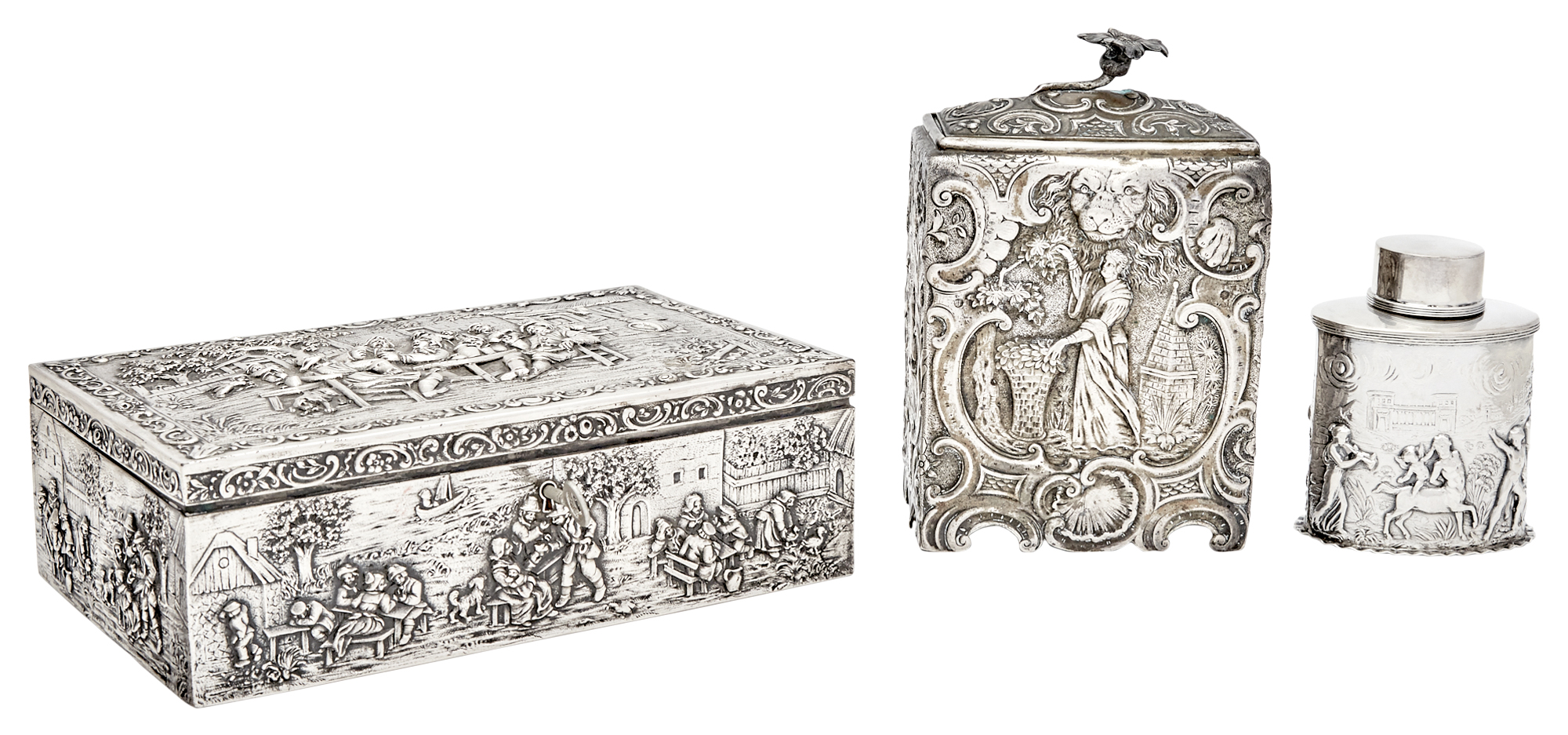 Lot image - German Rococo Style Silver Tea Caddy with Blossom Finial; Together with a Victorian Sterling Silver Oval Tea Caddy and a Continental 800 Quality Silver Fabric-Lined Jewelry Box
