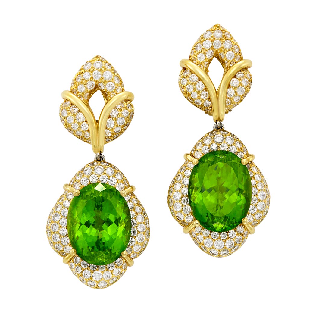 Lot image - Pair of Gold, Peridot and Diamond Pendant-Earclips, Henry Dunay