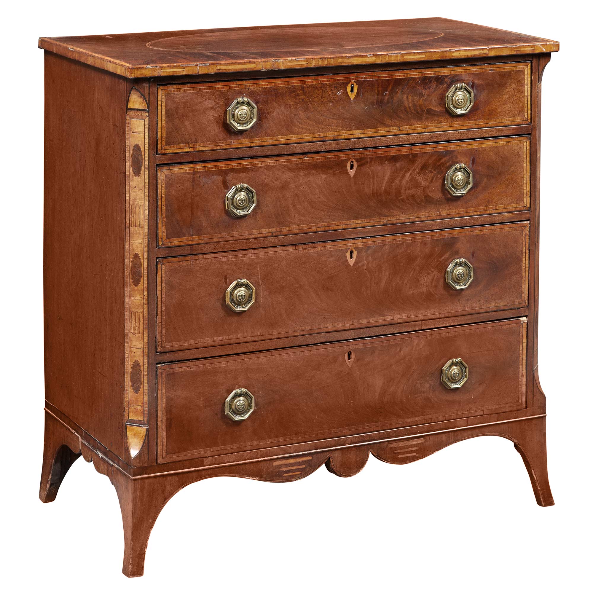 Lot image - George III Inlaid Mahogany, Satinwood and Tulipwood Chest of Drawers