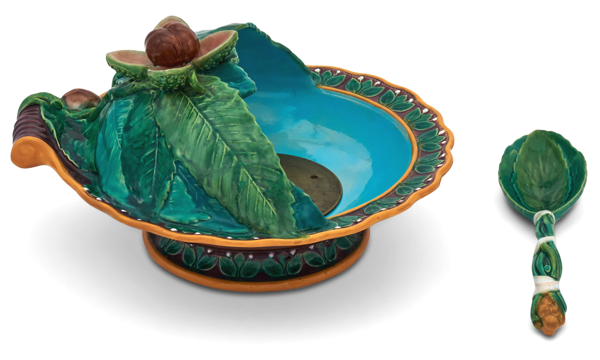 Lot image - Minton Majolica Hot-Chestnut Server with Spoon and Brass Warmer