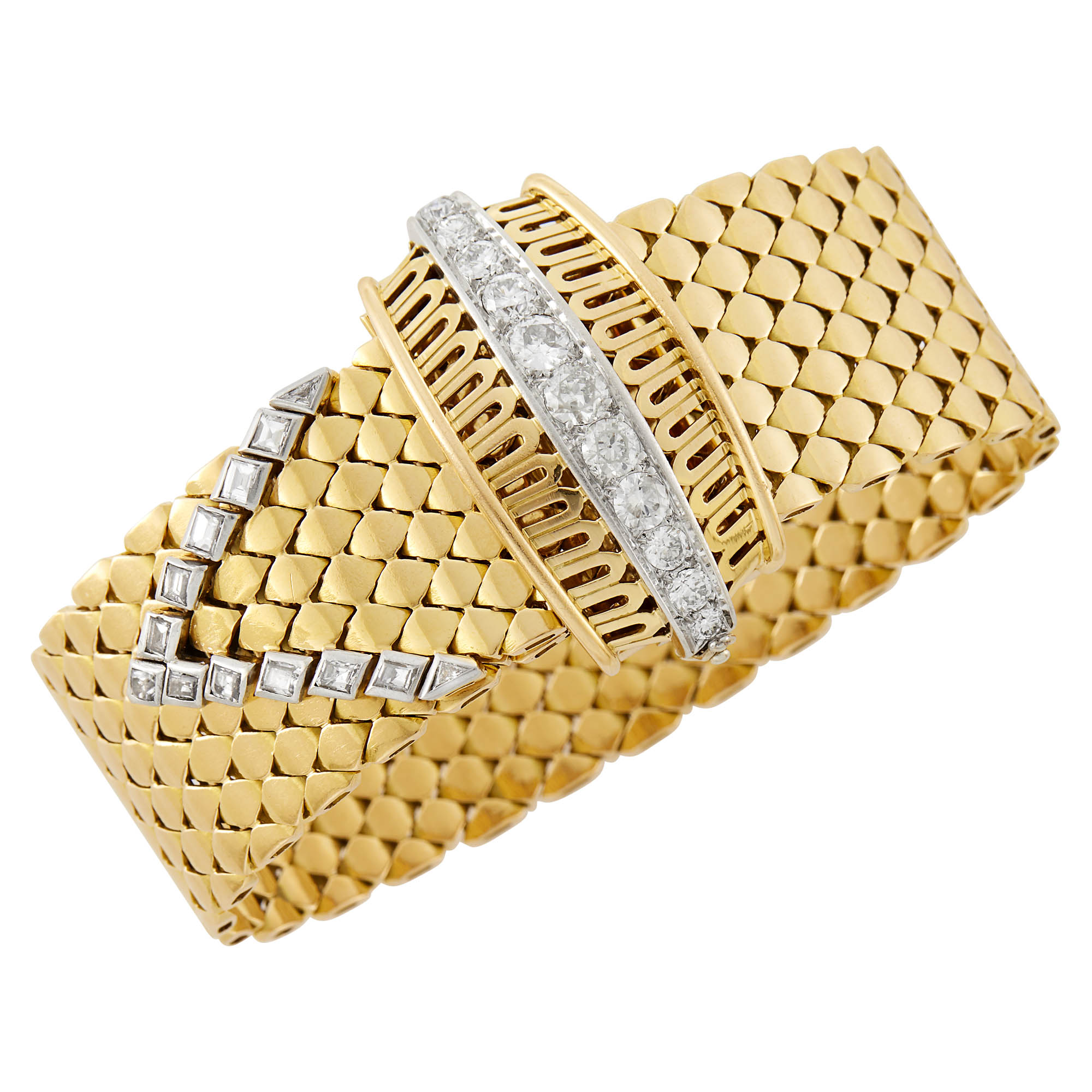 Lot image - Gold, Platinum and Diamond Buckle Slide Bracelet, France