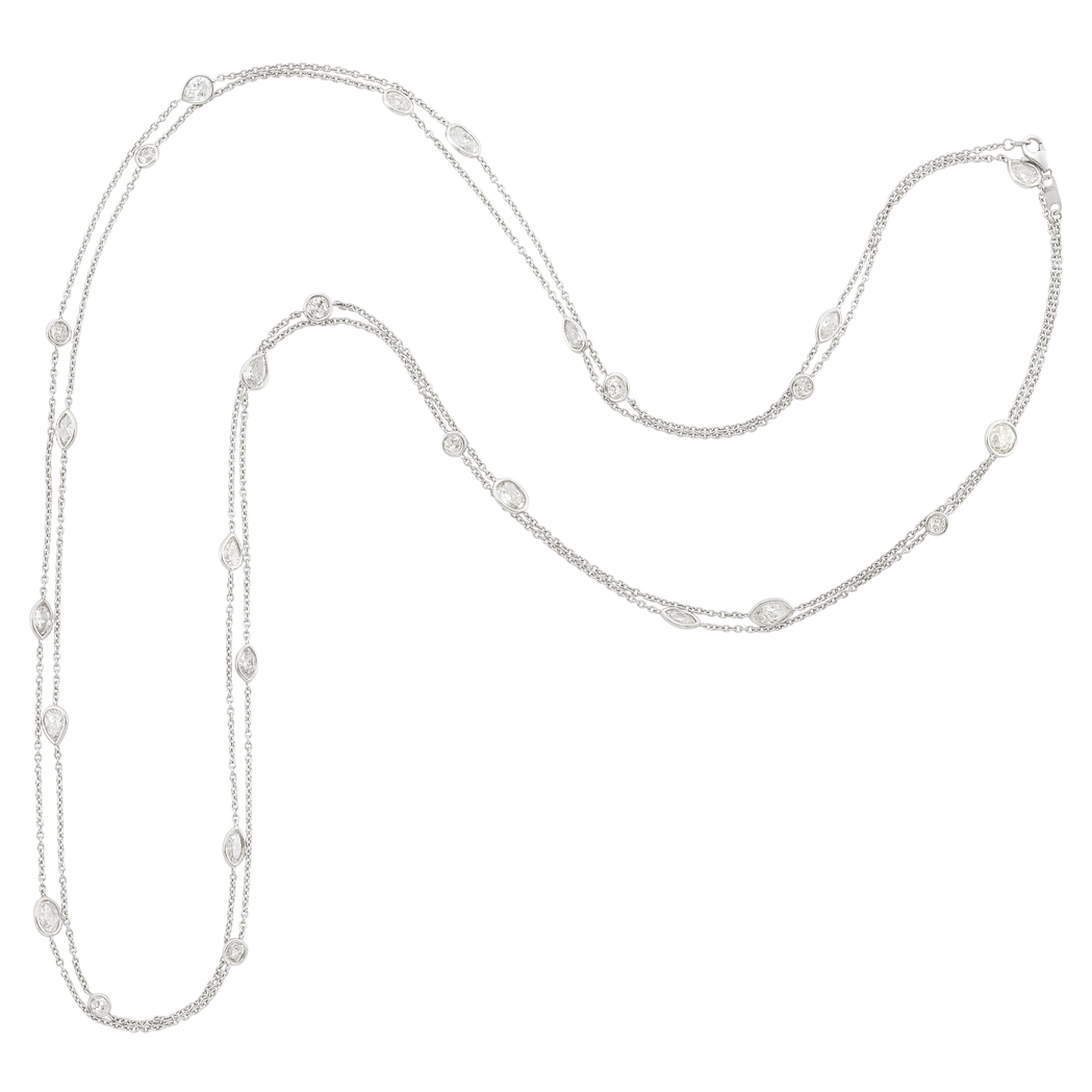 Lot image - Long Platinum and Diamond Chain Necklace
