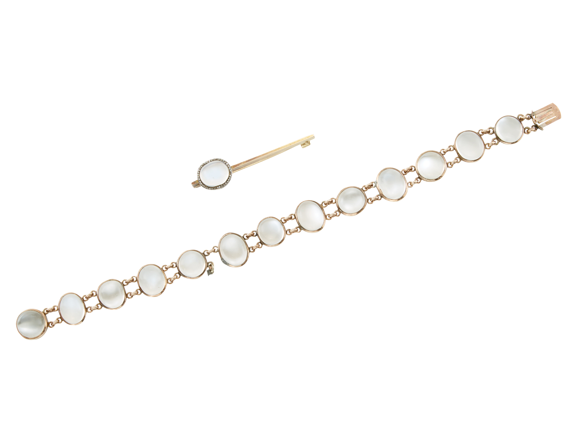 Lot image - Russian Gold, Moonstone and Diamond Brooch and Bracelet