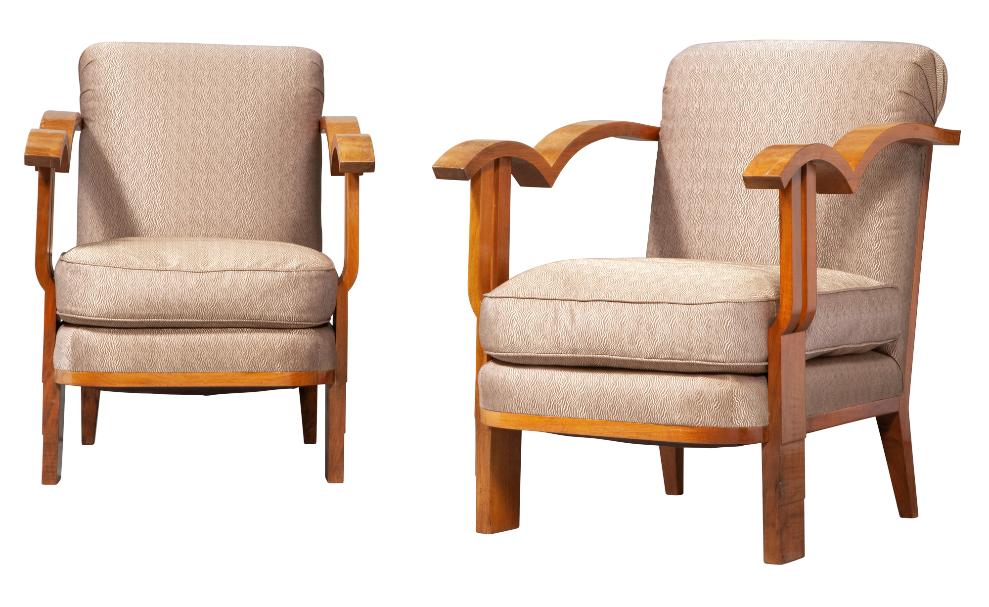 Lot image - Pair of Art Moderne Style Upholstered Walnut Armchairs