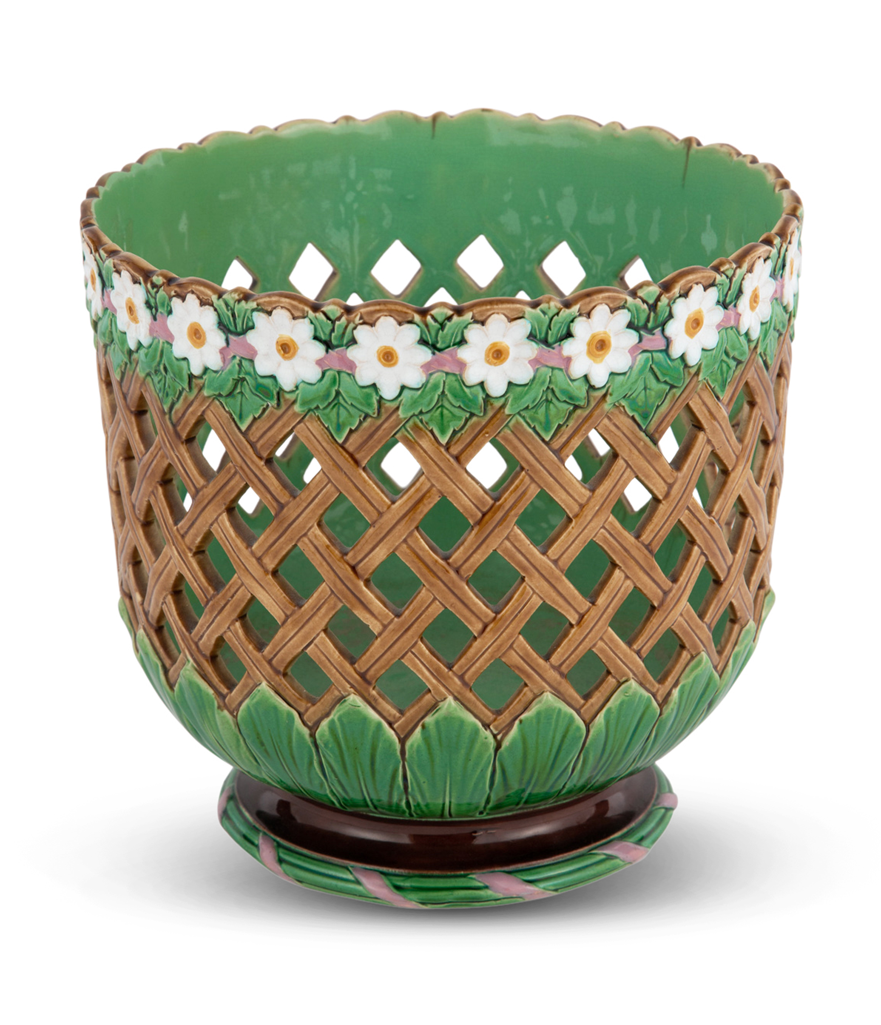 Lot image - Minton Majolica Pierced Daisy and Trellis Seau Form Basket