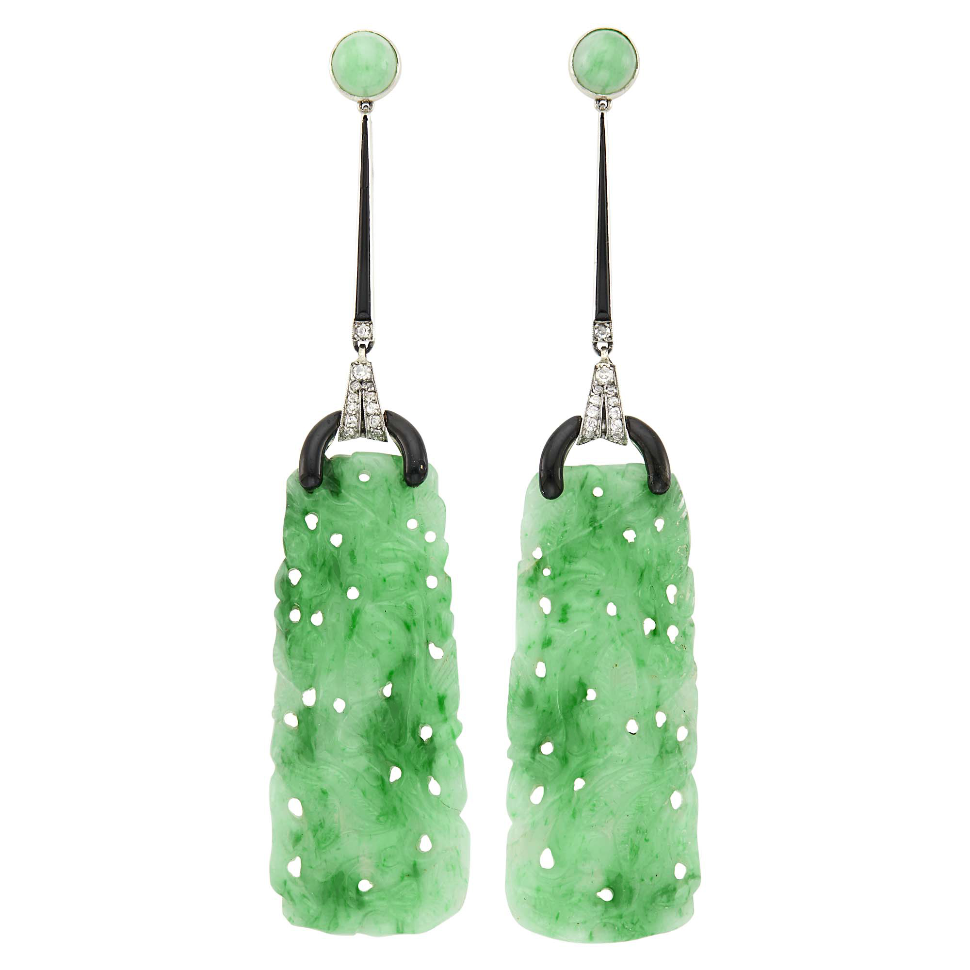 Lot image - Pair of Platinum, Gold, Carved Jade, Black Enamel and Diamond Pendant-Earrings
