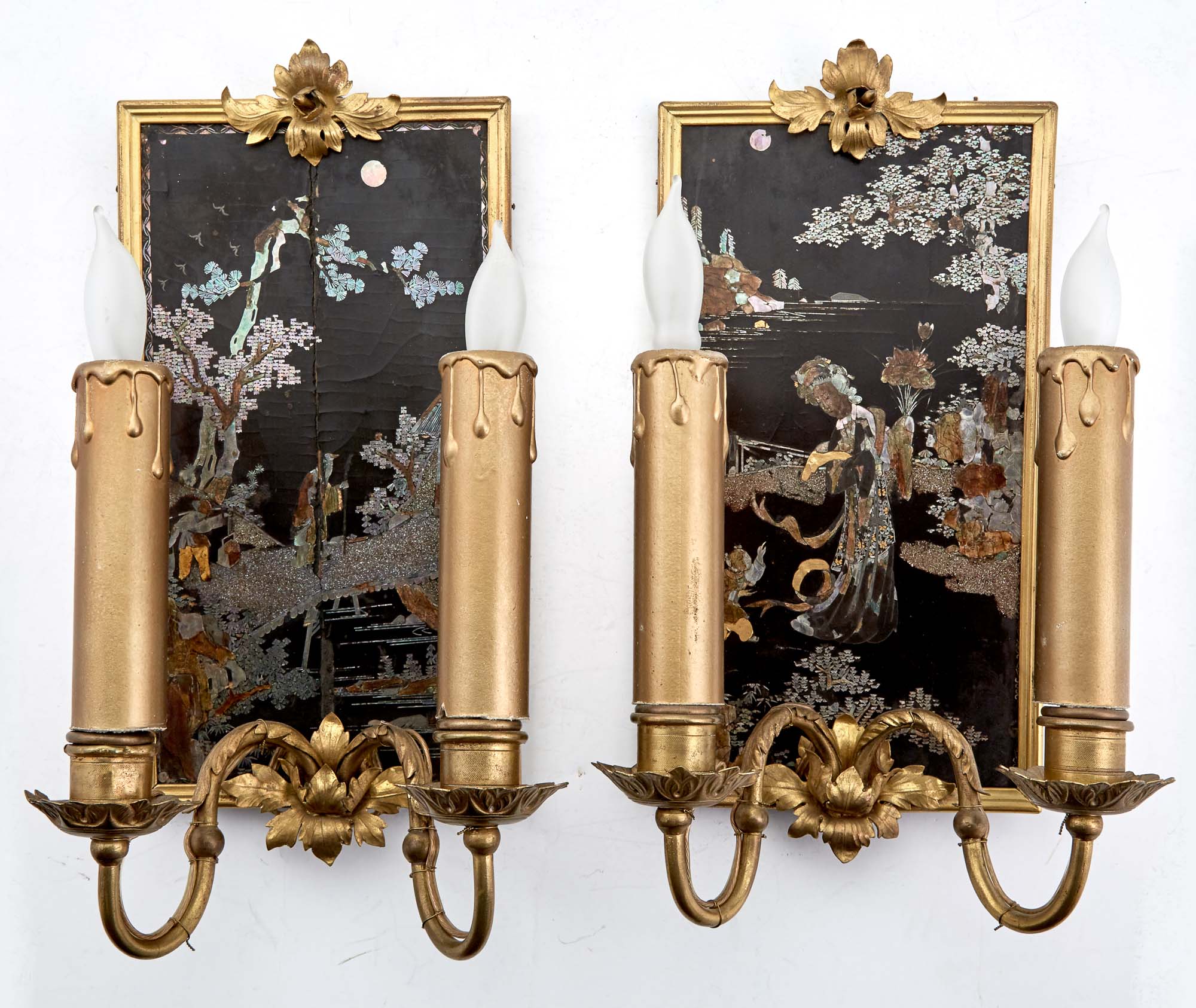 Lot image - Pair of Gilt-Metal and Mother-of-Pearl Inlaid Chinese Lacquer Two-Light Wall Lights