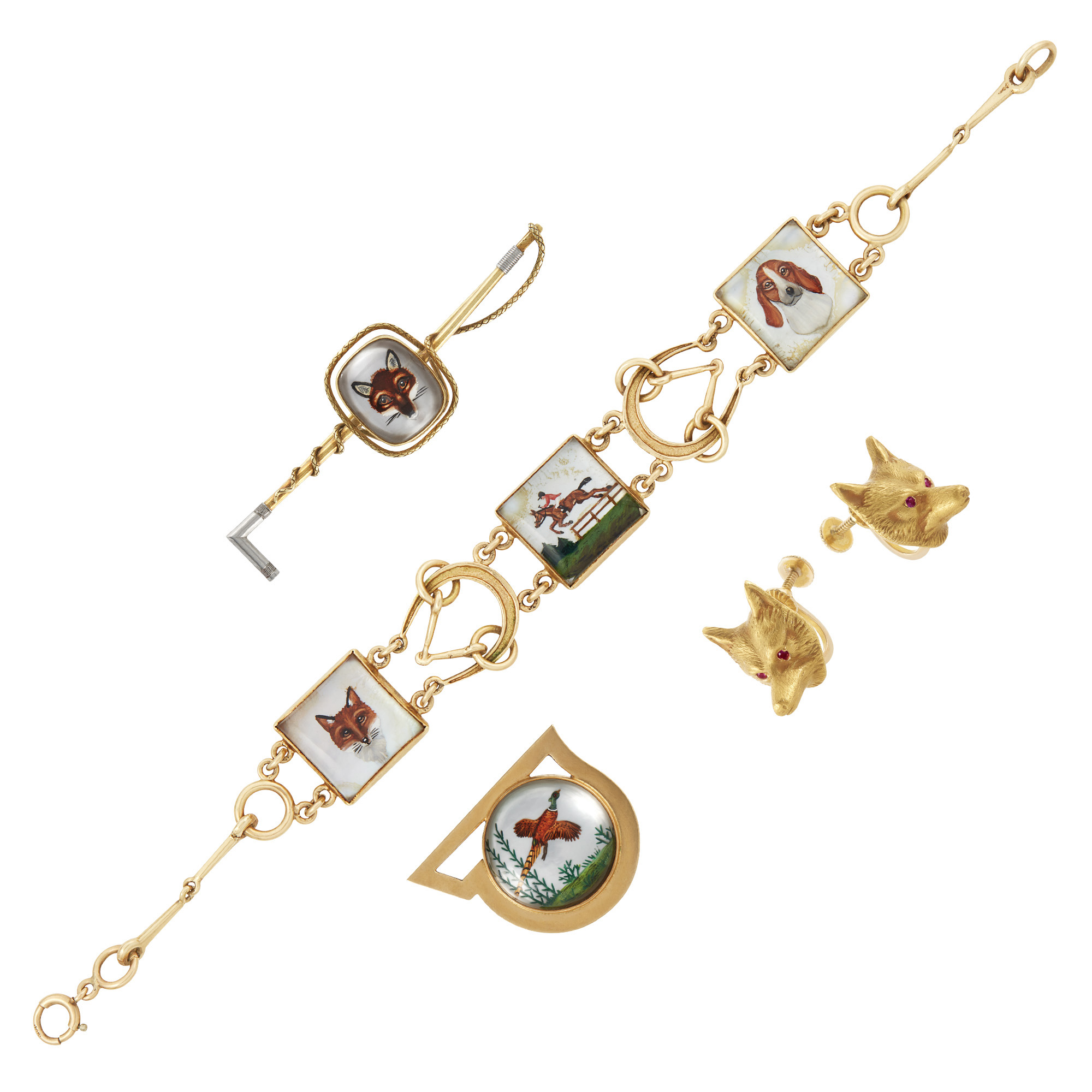 Lot image - Gold and Essex Crystal Animal Motif Bracelet, Bar Pin Crop, Clip-Brooch and Pair of Screwback Earrings
