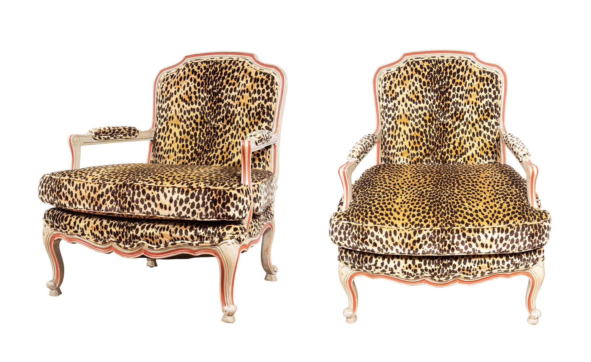 Lot image - Three Louis XV Style Cheetah Print Painted Wood Upholstered Armchairs