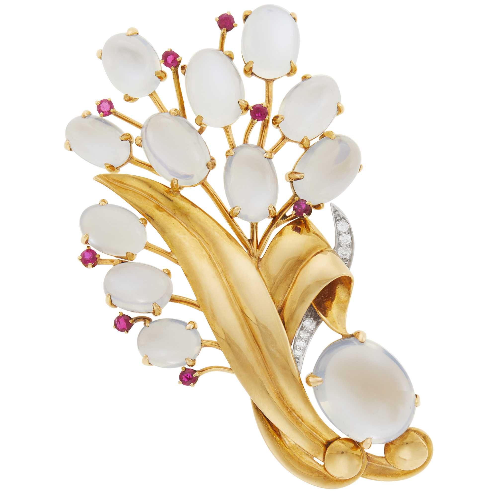 Lot image - Retro Gold, Platinum, Moonstone, Diamond and Ruby Brooch