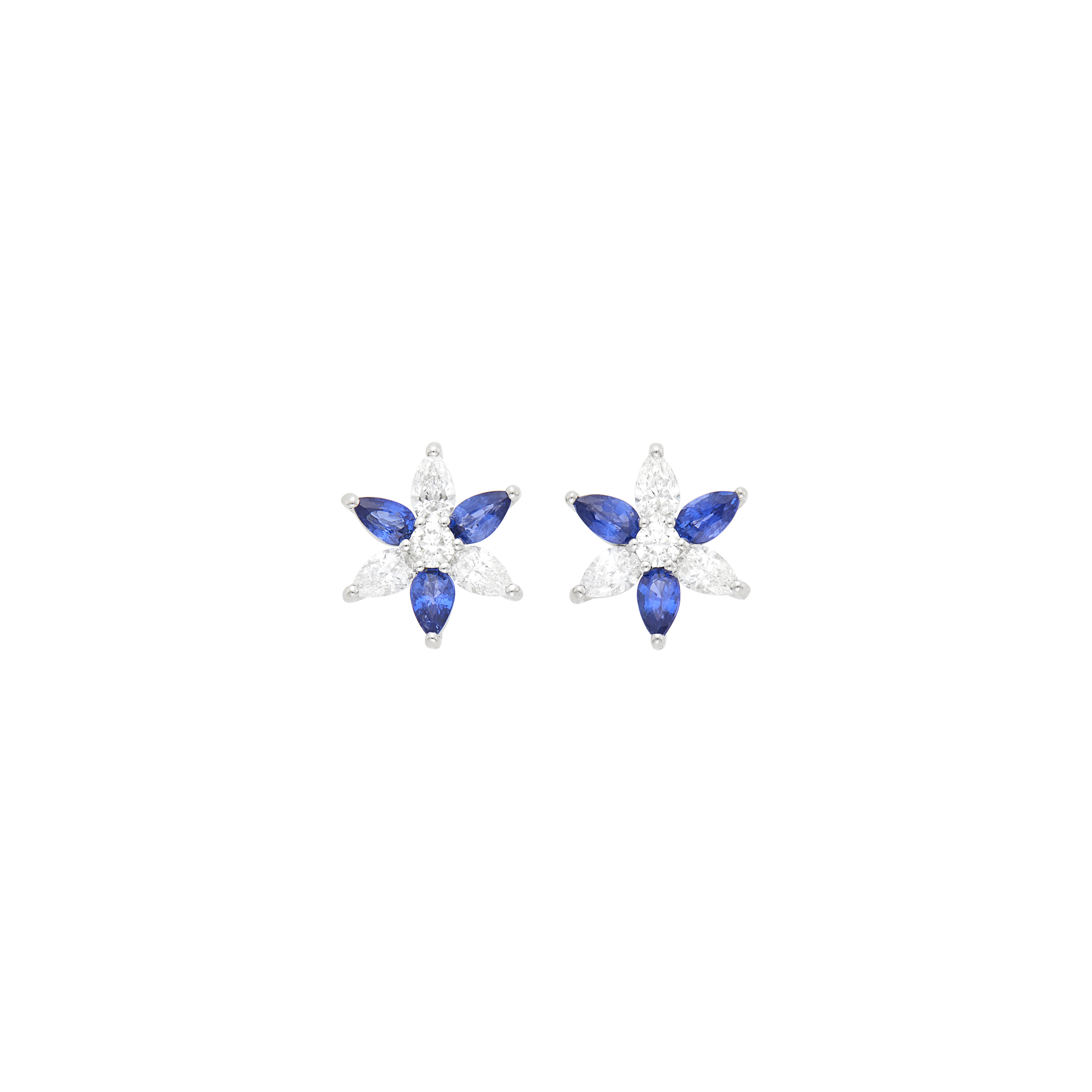 Lot image - Pair of Platinum, Sapphire and Diamond Flower Earrings