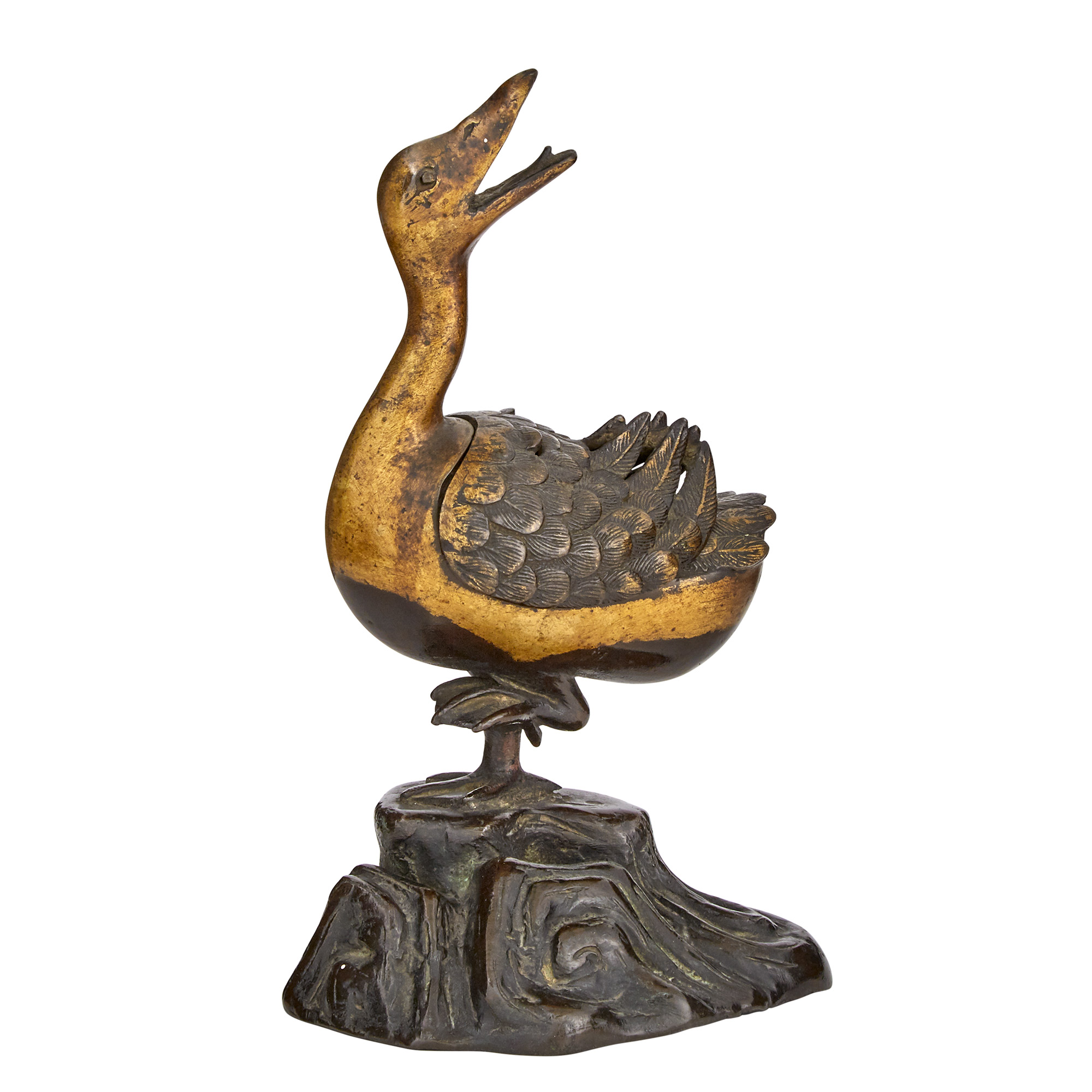 Lot image - Chinese Parcel-Gilt Bronze Duck-Form Censer