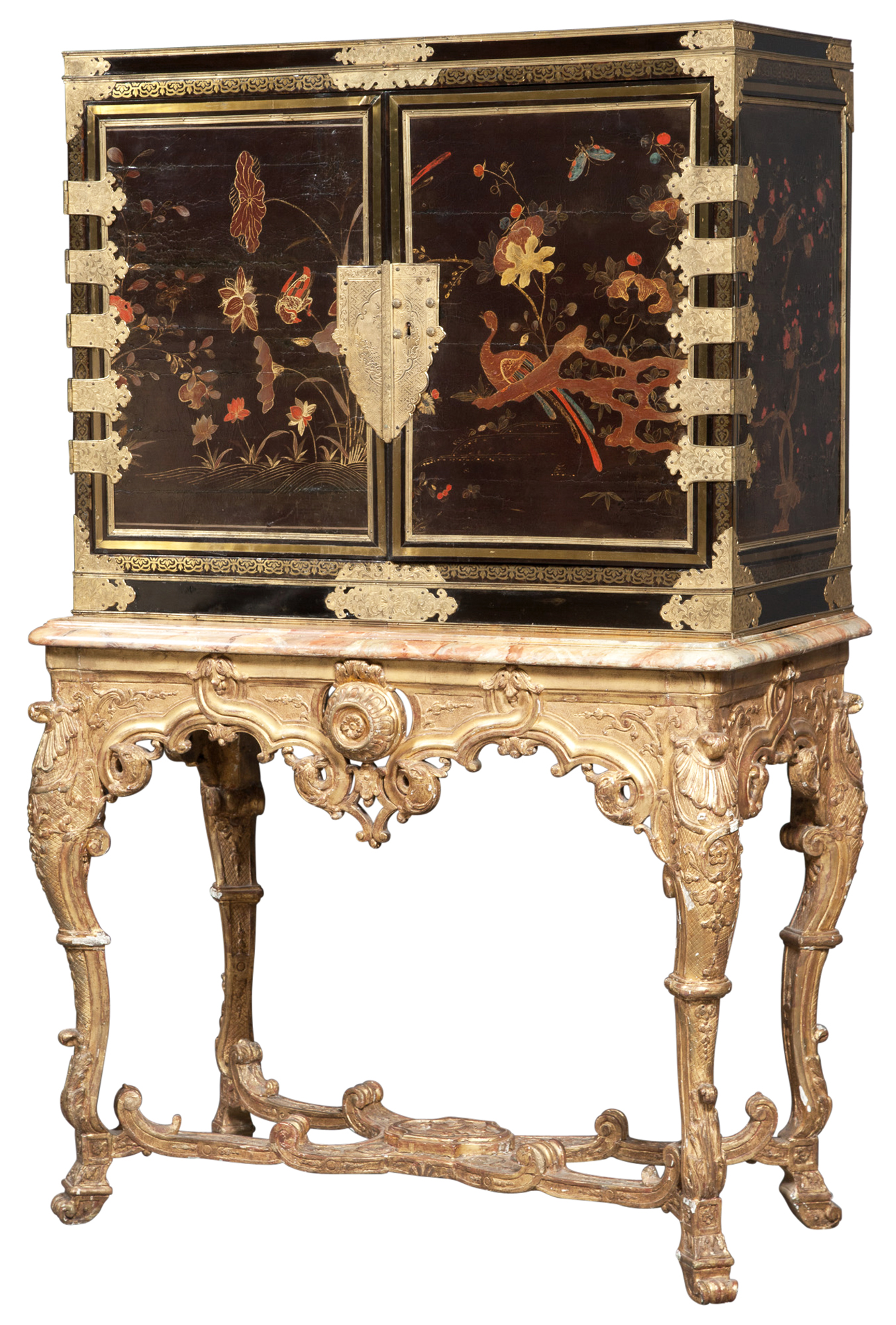 Lot image - Japanese Lacquer, Tortoiseshell, Ebony, Brass-Inlaid and Gilt-Metal-Mounted Cabinet on Régence Giltwood Stand