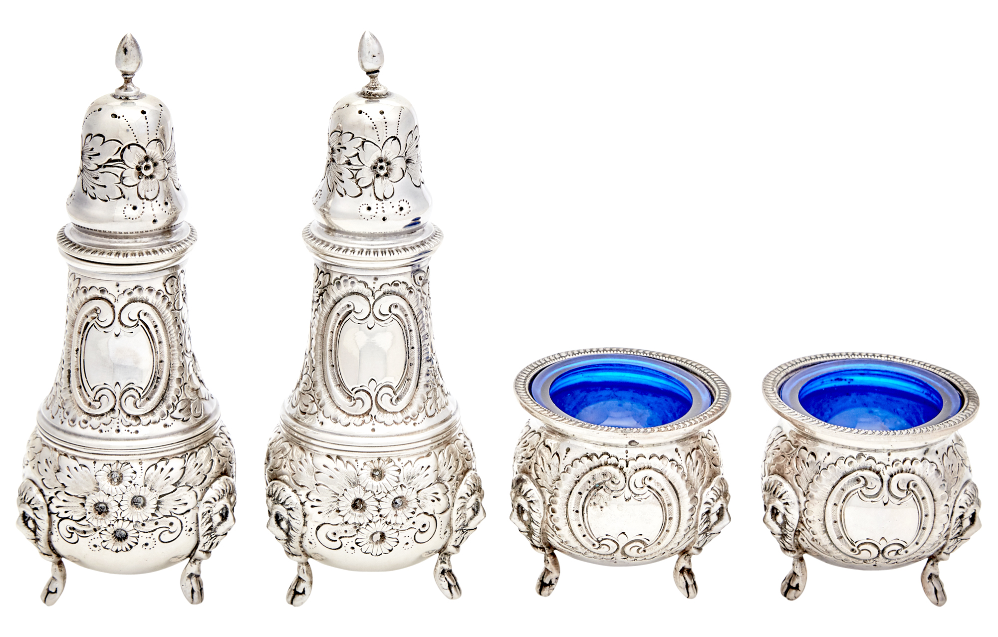 Lot image - Set of Georgian Style Hand-Chased Sterling Silver Open Salt Cellars and Pepper Casters
