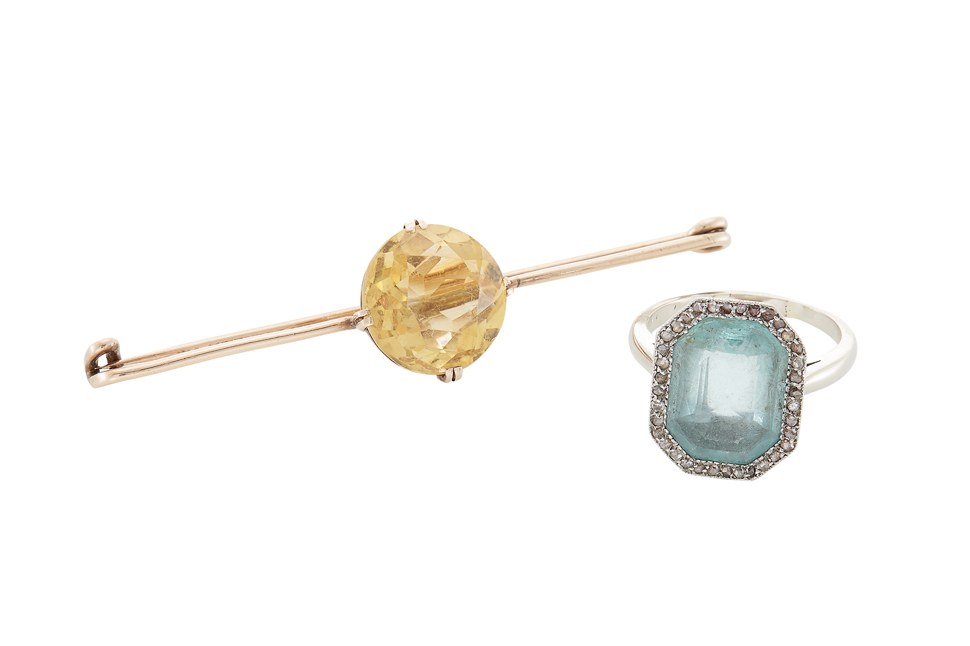 Lot image - White Gold, Diamond and Aquamarine Ring; Together with a Gold and Citrine Pin