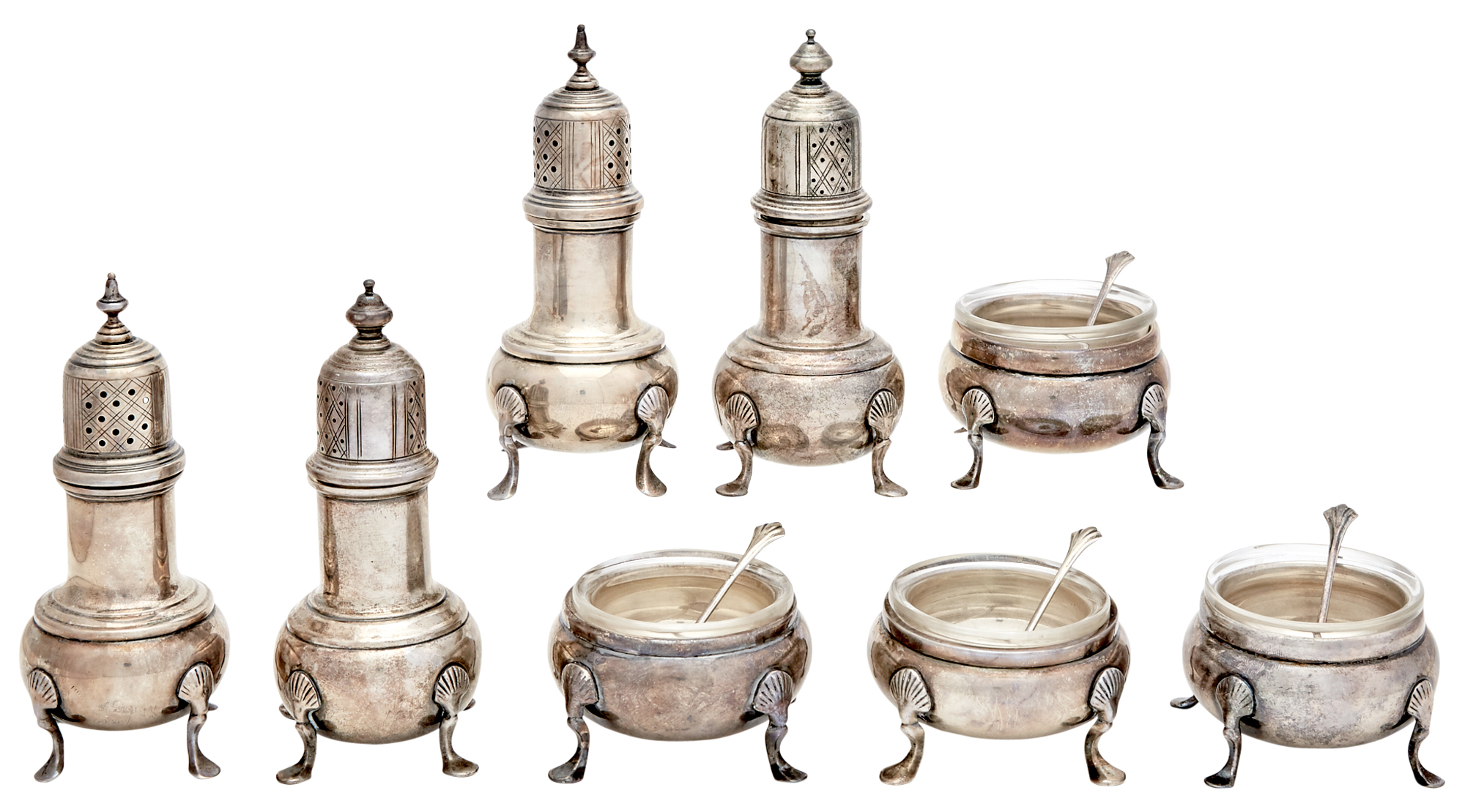Lot image - Assembled Set of Georgian Style Sterling Silver Open Salt Cellars and Pepper Casters
