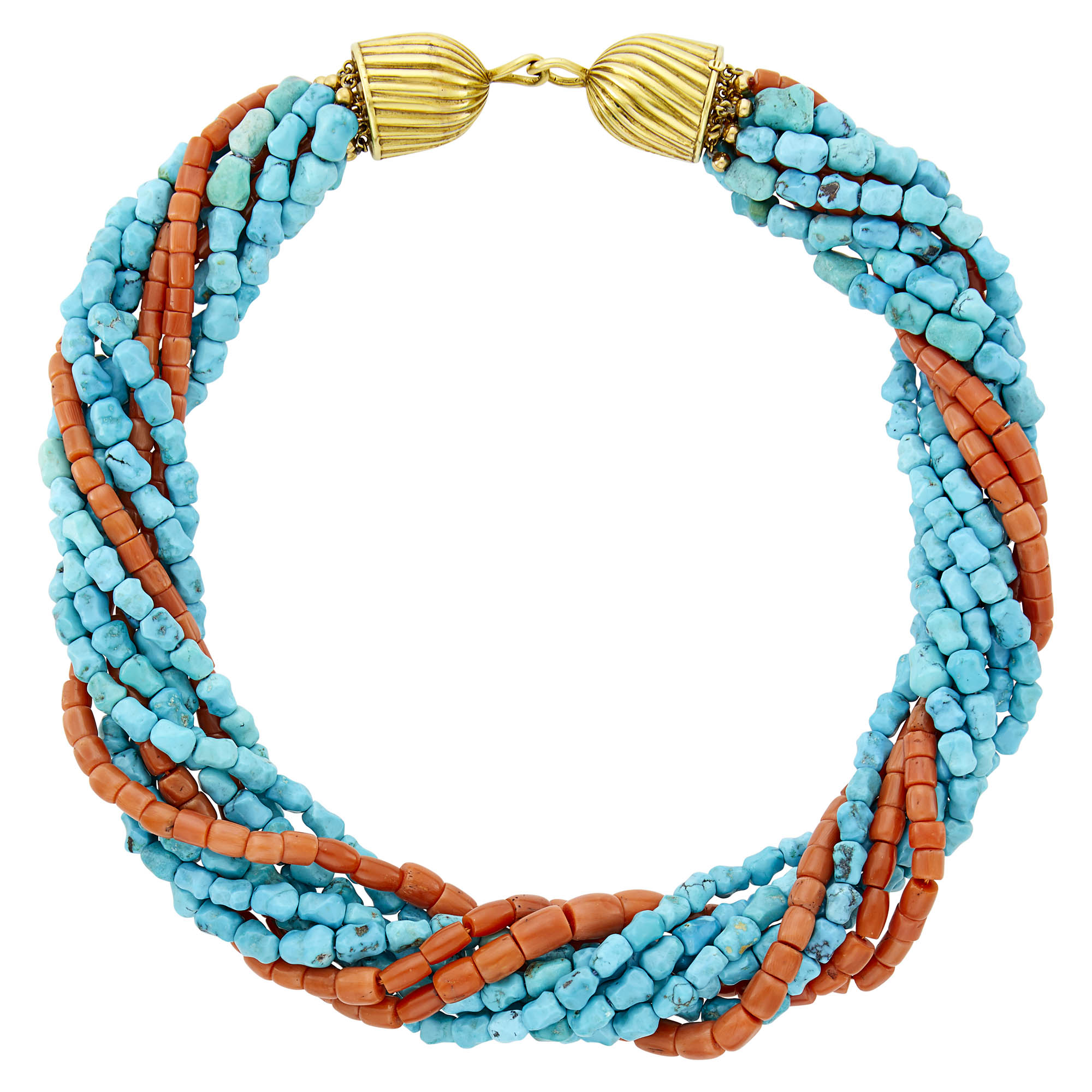 Lot image - Nine Strand Turquoise and Coral Bead Torsade Necklace with Gold Clasp