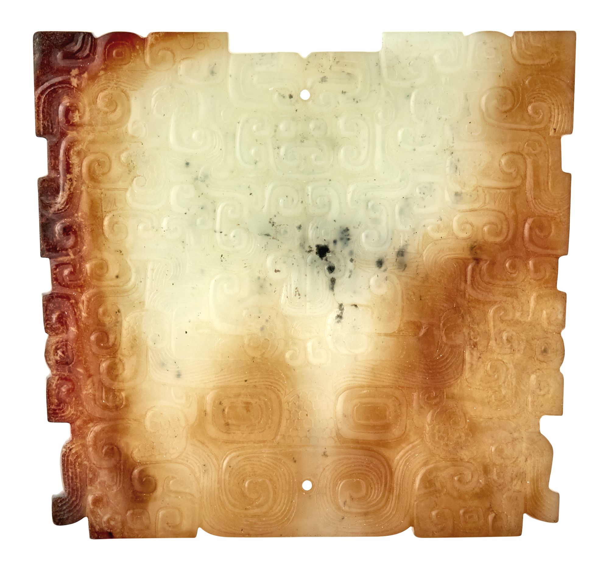 Lot image - A Rare Chinese White and Russet Jade Taotie Mask Pendant