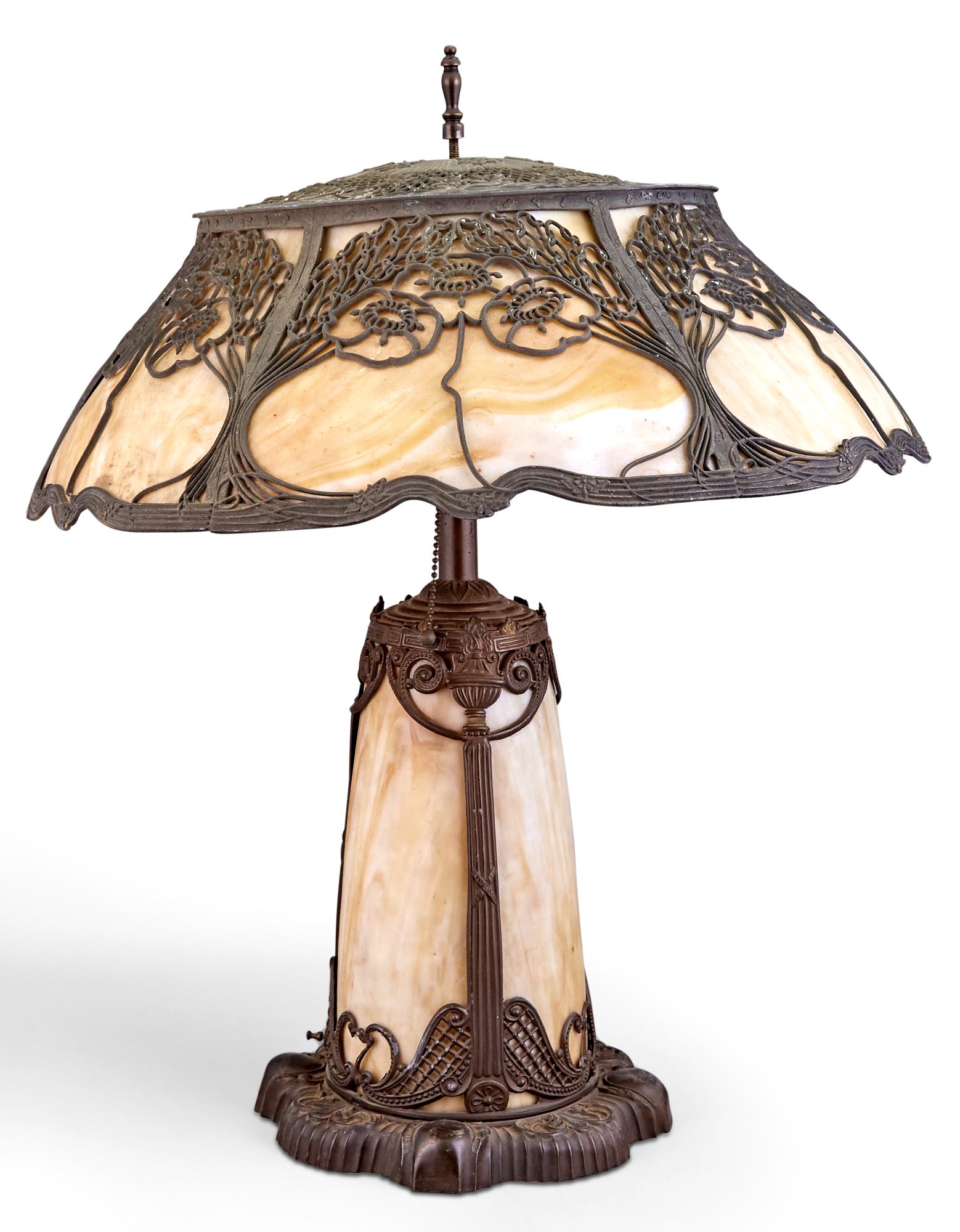 Lot image - American Art Nouveau Metal and Slag Glass Lamp