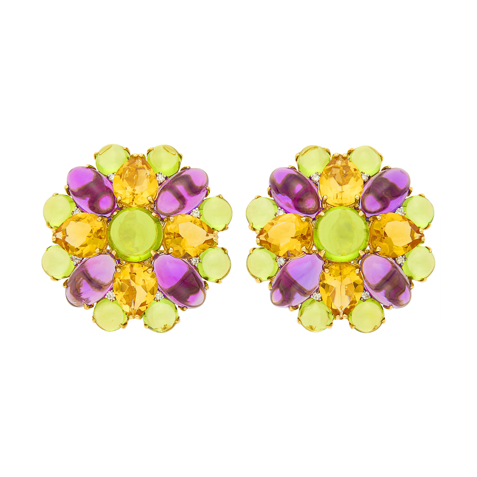 Lot image - Pair of Gold, Amethyst and Peridot, Citrine and Diamond Cluster Earclips
