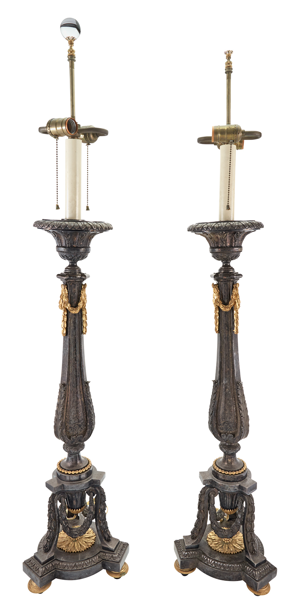 Lot image - Pair of Louis XVI Style Silver-Plate and Gilt-Bronze Candlesticks