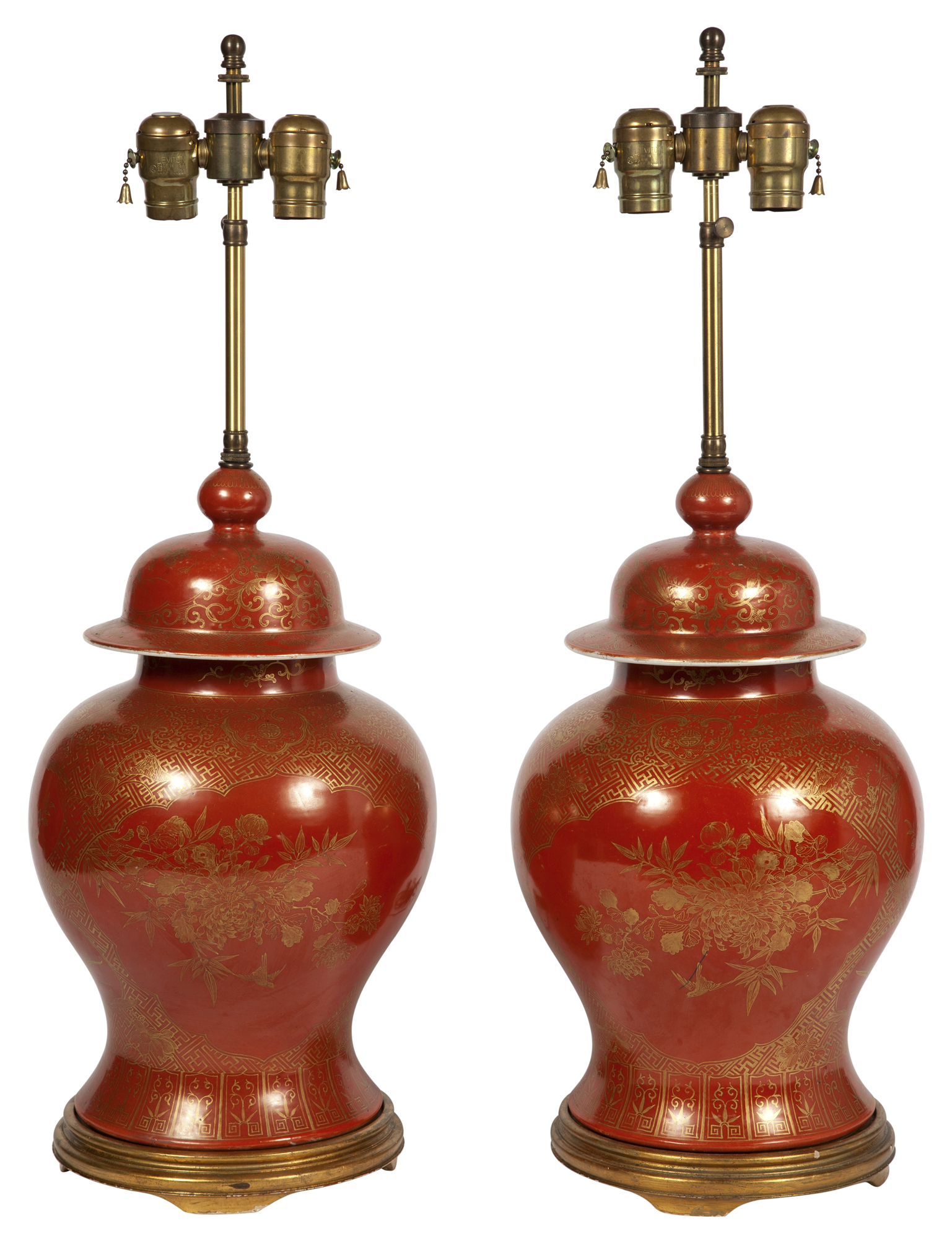 Lot image - Pair of Chinese Gilt-Decorated Orange Glazed Porcelain Covered Vases as Lamps