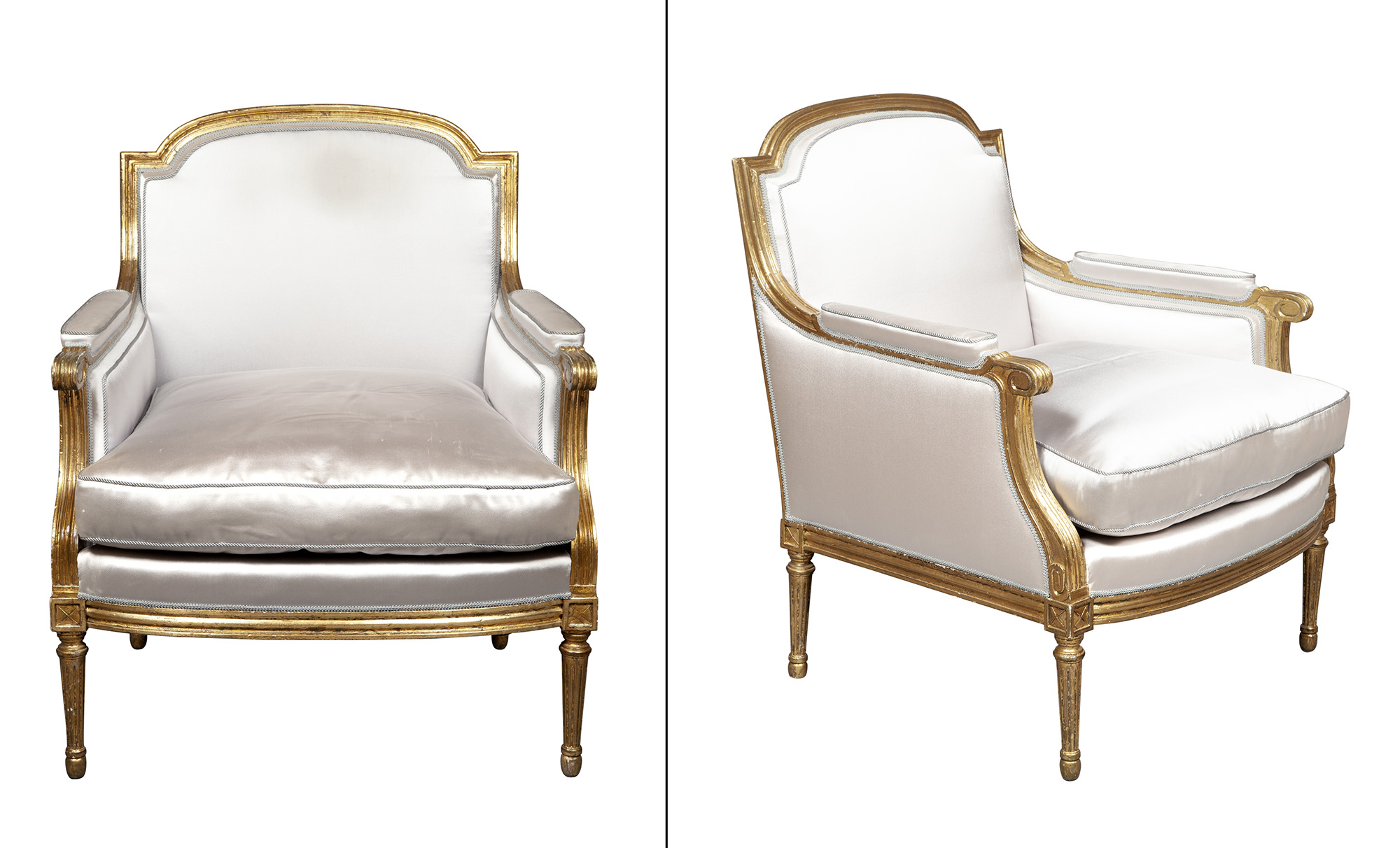 Lot image - Pair of Louis XVI Style Upholstered Giltwood Bergeres