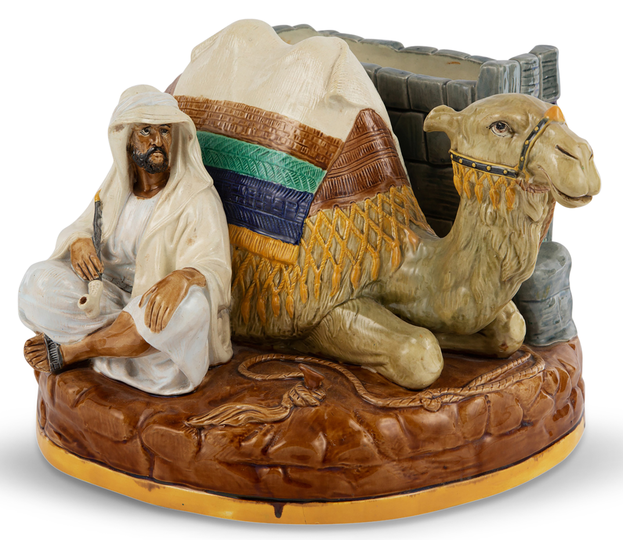 Lot image - T.C. Brown-Westhead Moore & Co. Majolica Bedouin and Camel Figural Flower Holder